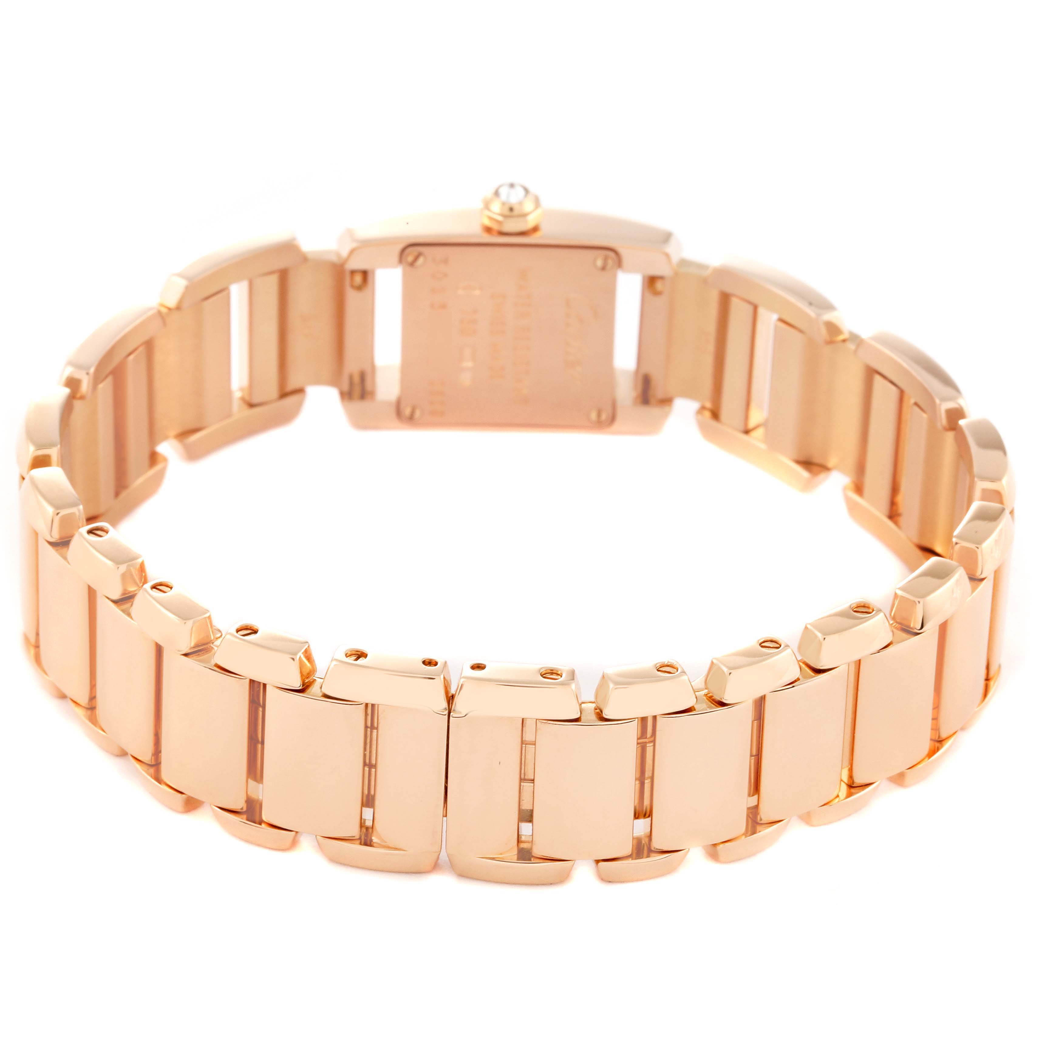 The image shows the backside and bracelet of a Cartier Tankissime WE70058H Women
s Rose Gold Silver Dial WE70058H Women
s Rose Gold Silver Dial watch.