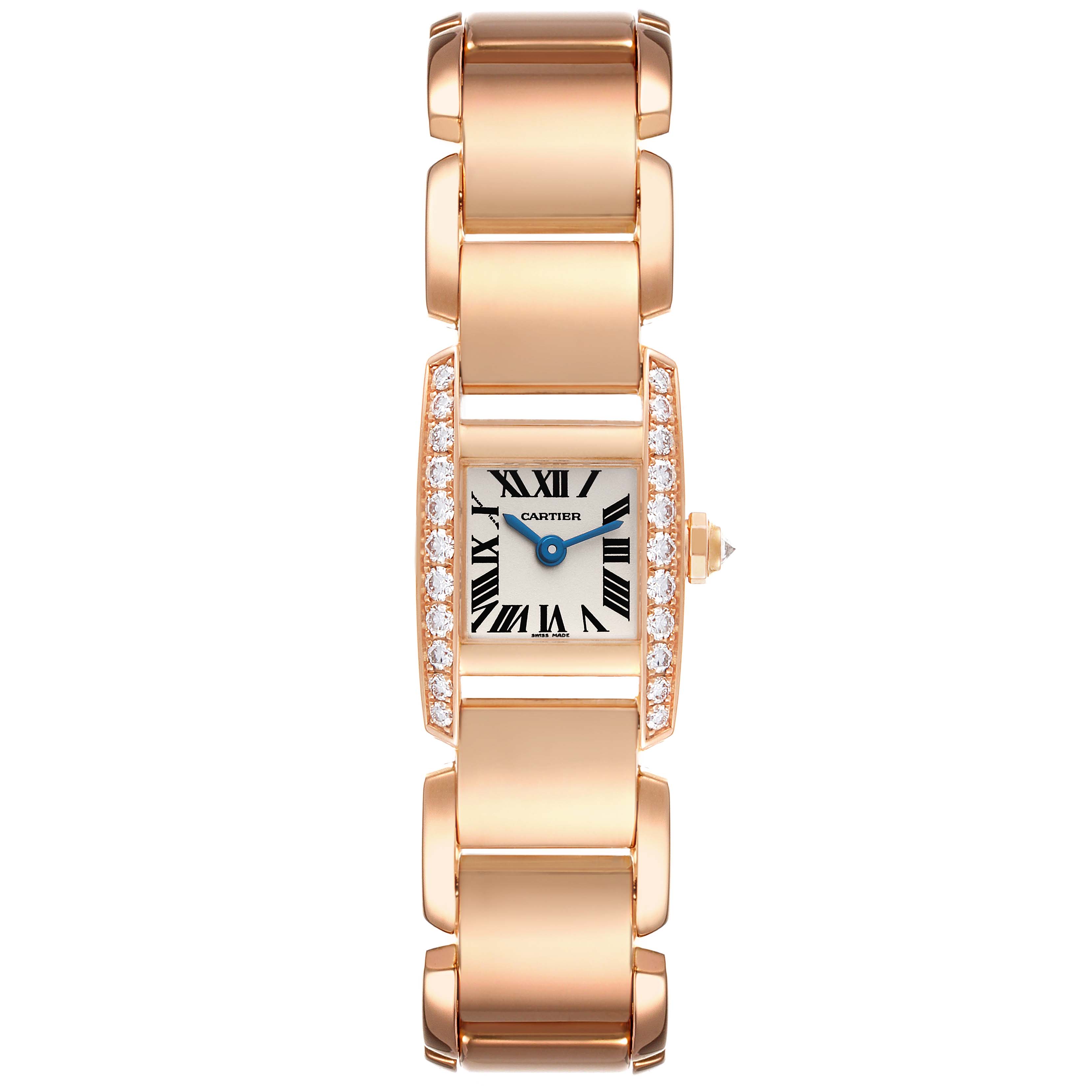 This Cartier Tankissime WE70058H Women
s Rose Gold Silver Dial WE70058H Women
s Rose Gold Silver Dial watch is shown from a top-down angle, highlighting its face, bezel, and bracelet.