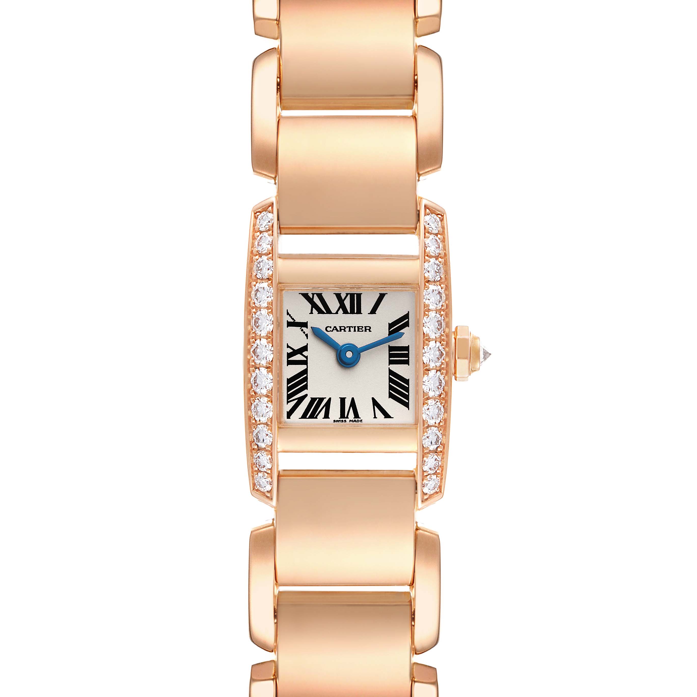 The image shows a front view of the Cartier Tankissime WE70058H Women
s Rose Gold Silver Dial WE70058H Women
s Rose Gold Silver Dial watch, displaying its face, crystal-set bezel, and metal bracelet.
