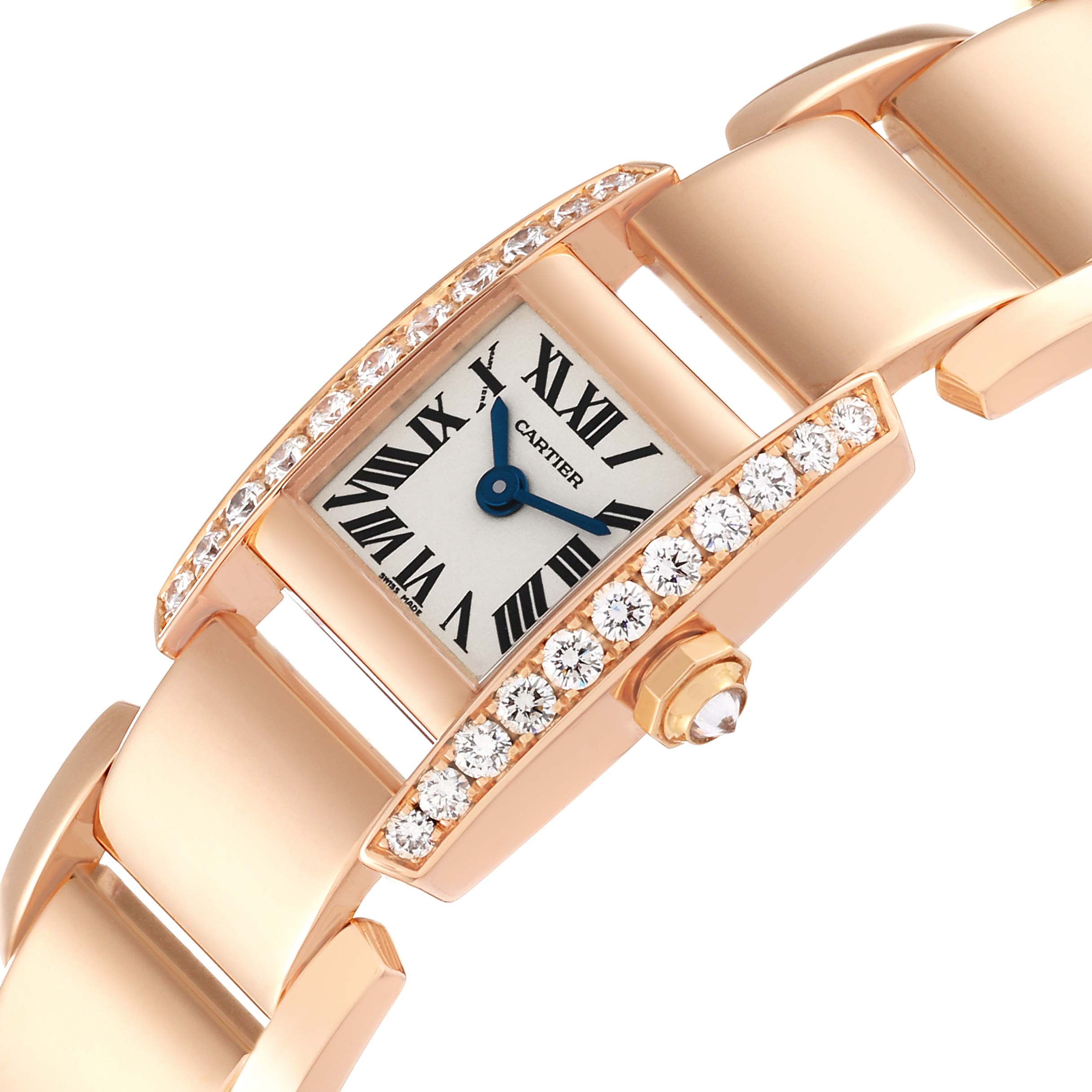 The Cartier Tankissime WE70058H Women
s Rose Gold Silver Dial WE70058H Women
s Rose Gold Silver Dial watch is shown at an angled close-up, highlighting its diamond-encrusted bezel and bracelet.
