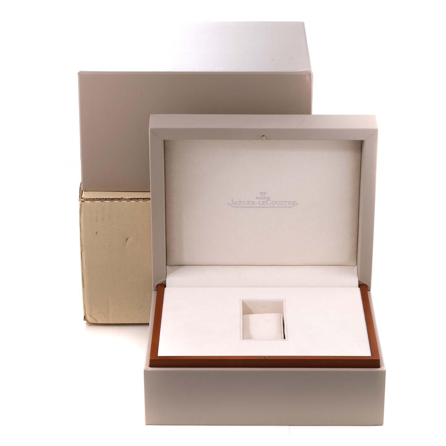 This image shows the open packaging and inner box of a Jaeger LeCoultre Master Q1558421 Men's Stainless Steel Grey Dial Q1558421 Men's Stainless Steel Grey Dial watch taken from a front angle.