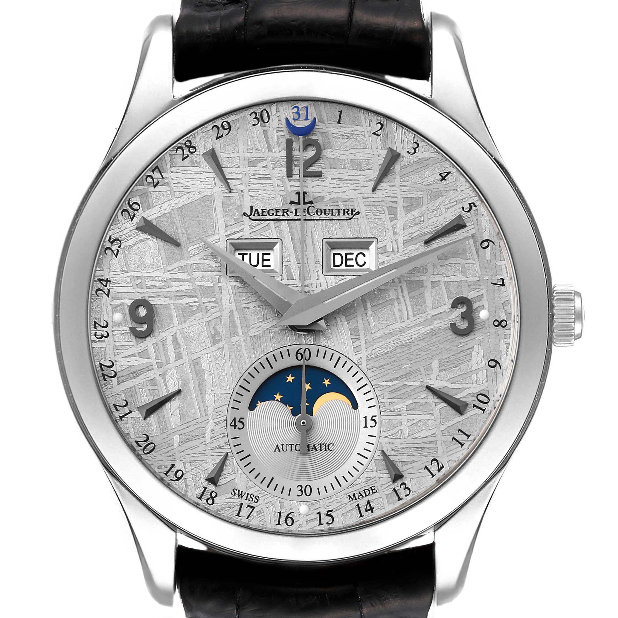 The image shows a front view of the Jaeger-LeCoultre Master model watch, displaying the dial with day, date, and moon phase features.