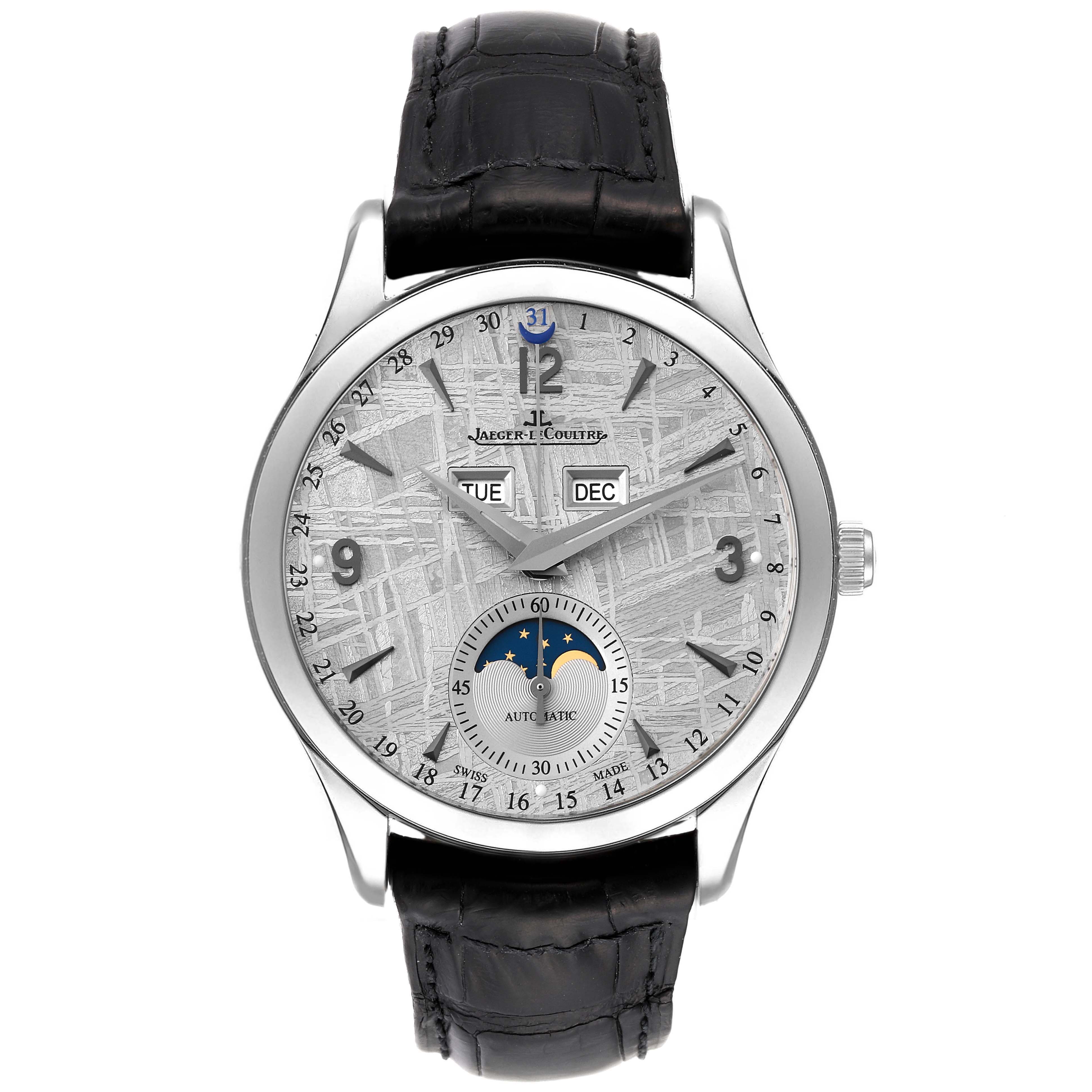 The Jaeger-LeCoultre Master model watch is shown from the front, displaying the face, hands, date, and moon phase indicators, with a black leather strap.