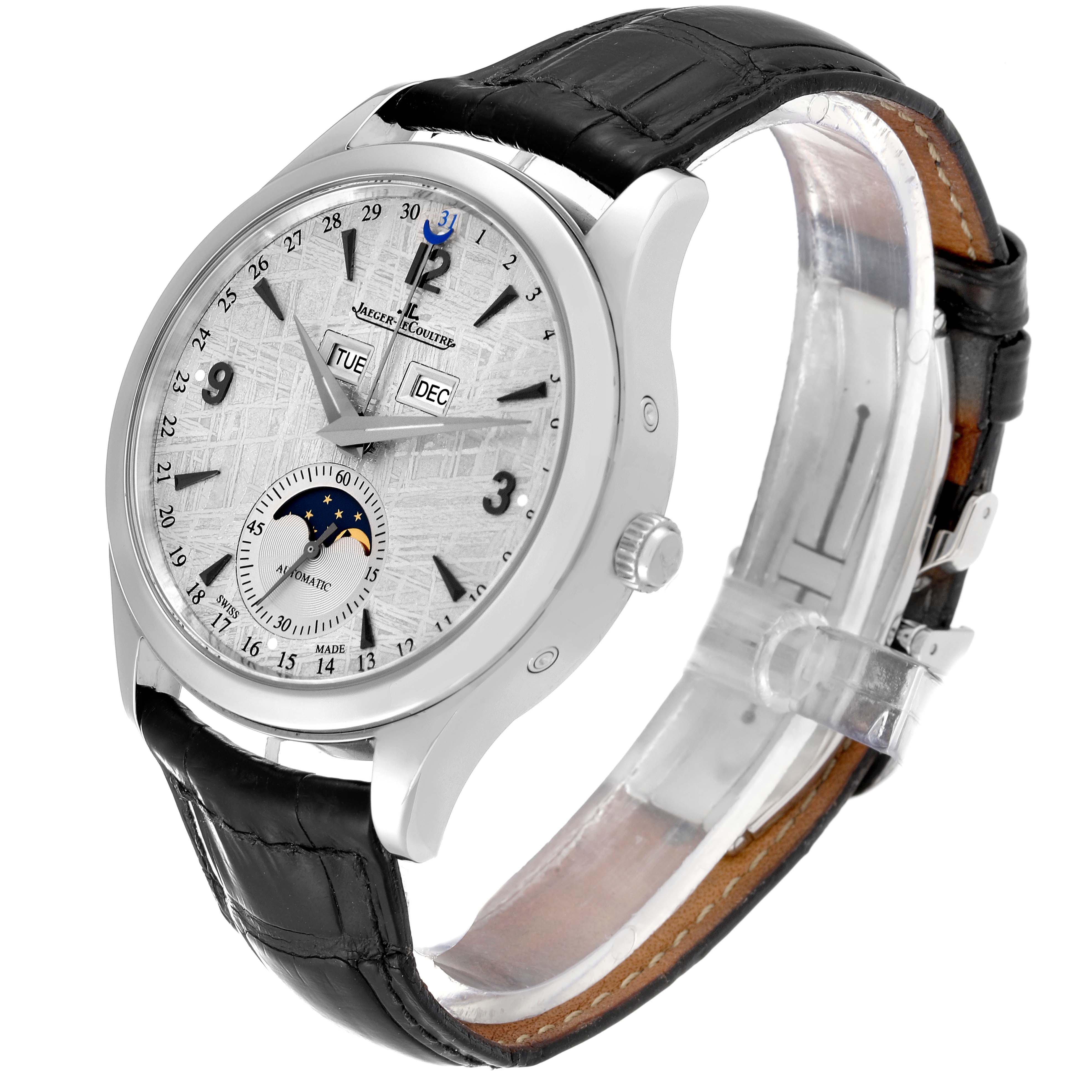 The image shows a Jaeger-LeCoultre Master watch at a slight angle, highlighting its dial, crown, black leather strap, and complications.