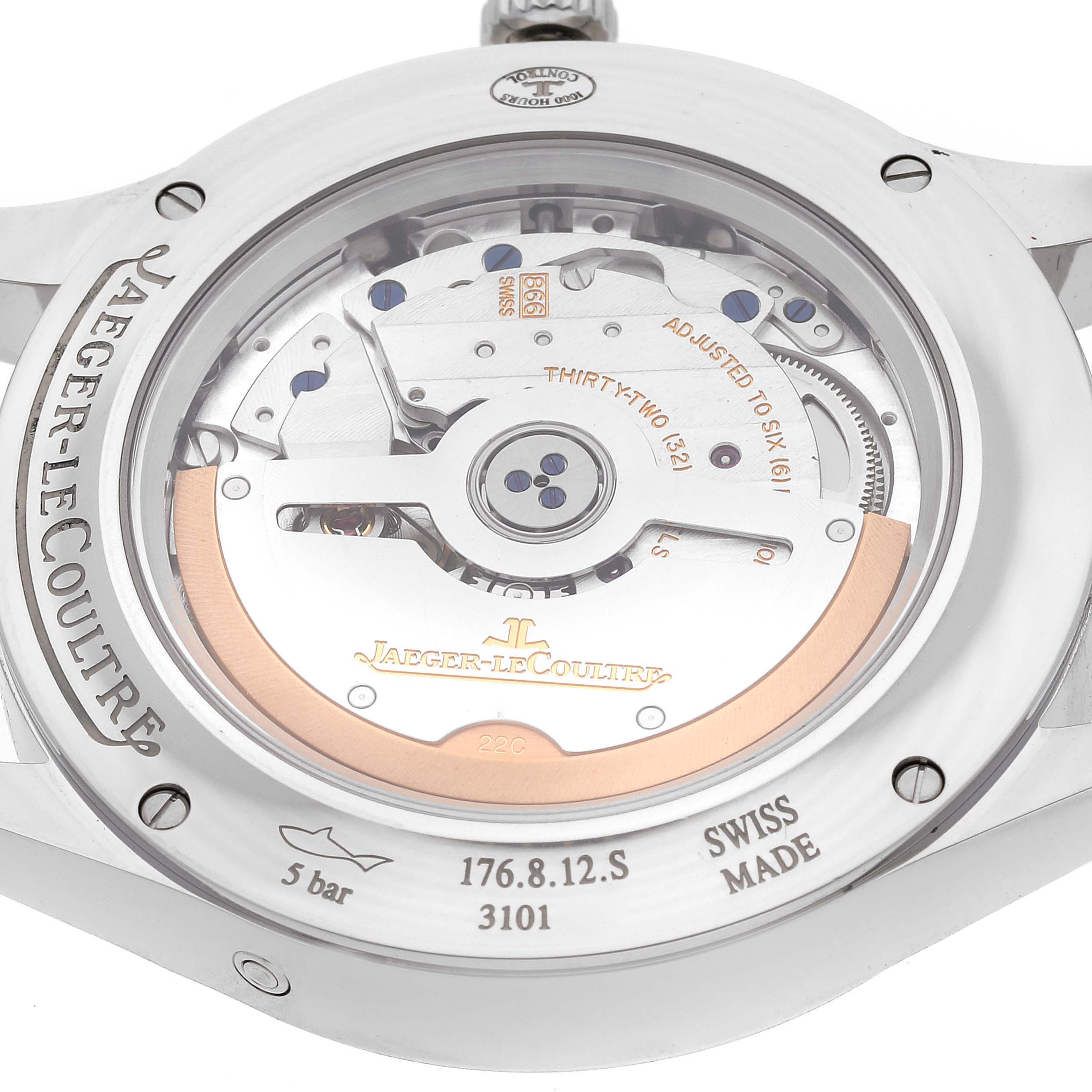 The image shows the back view of the Jaeger-LeCoultre Master model watch, revealing its inner mechanical components and engravings.