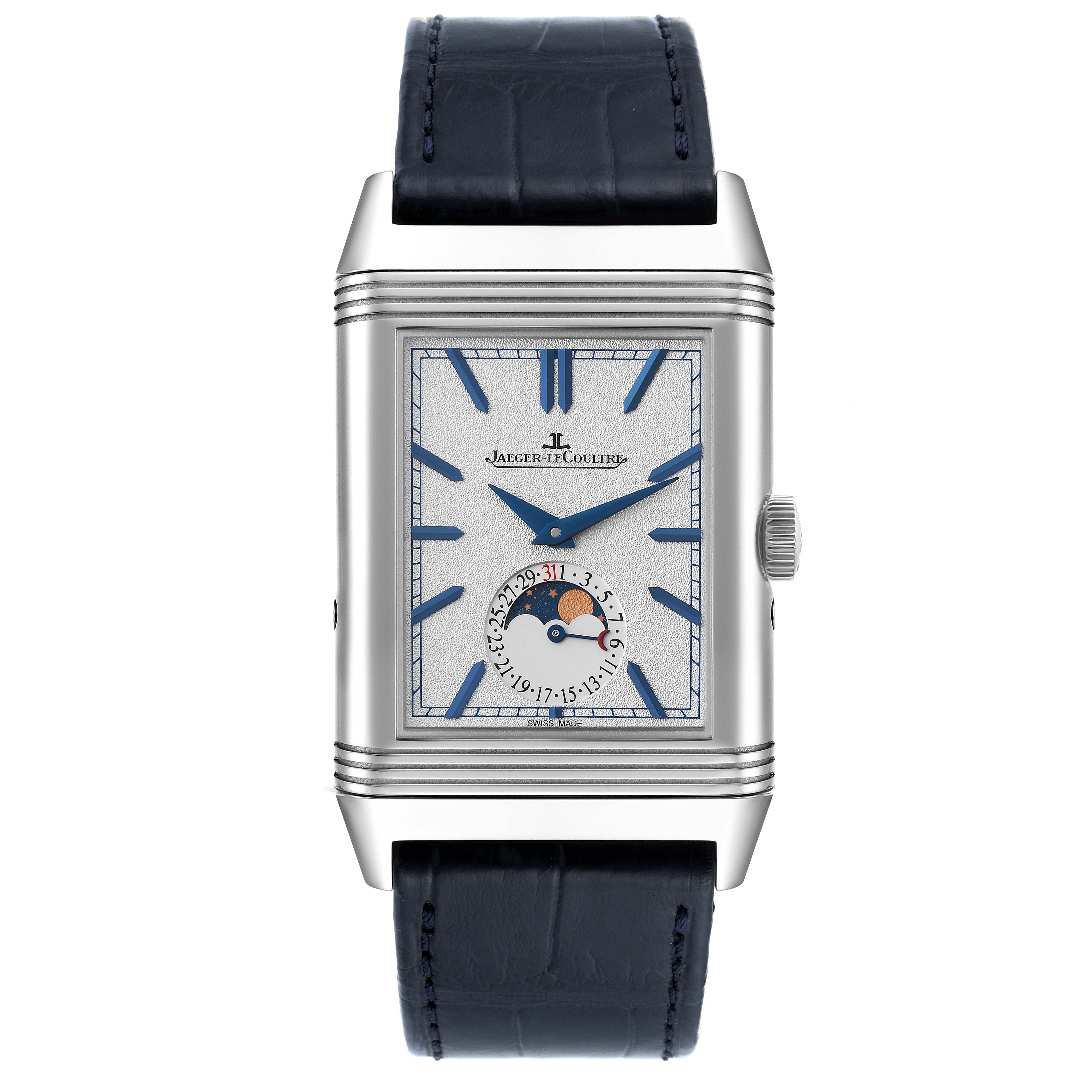 The image shows a front view of the Jaeger-LeCoultre Reverso watch, highlighting its face, dial, moon phase indicator, and blue leather strap.