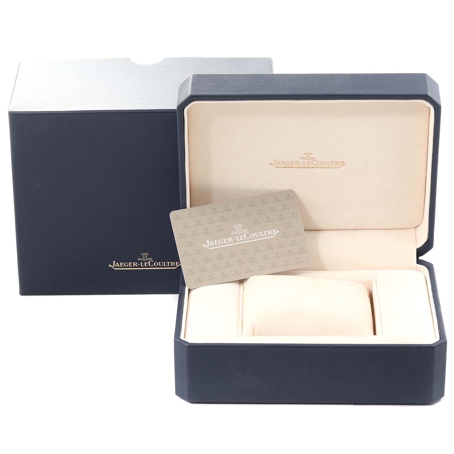 The image shows the open box and packaging for a Jaeger-LeCoultre Reverso watch, including an authenticity card.