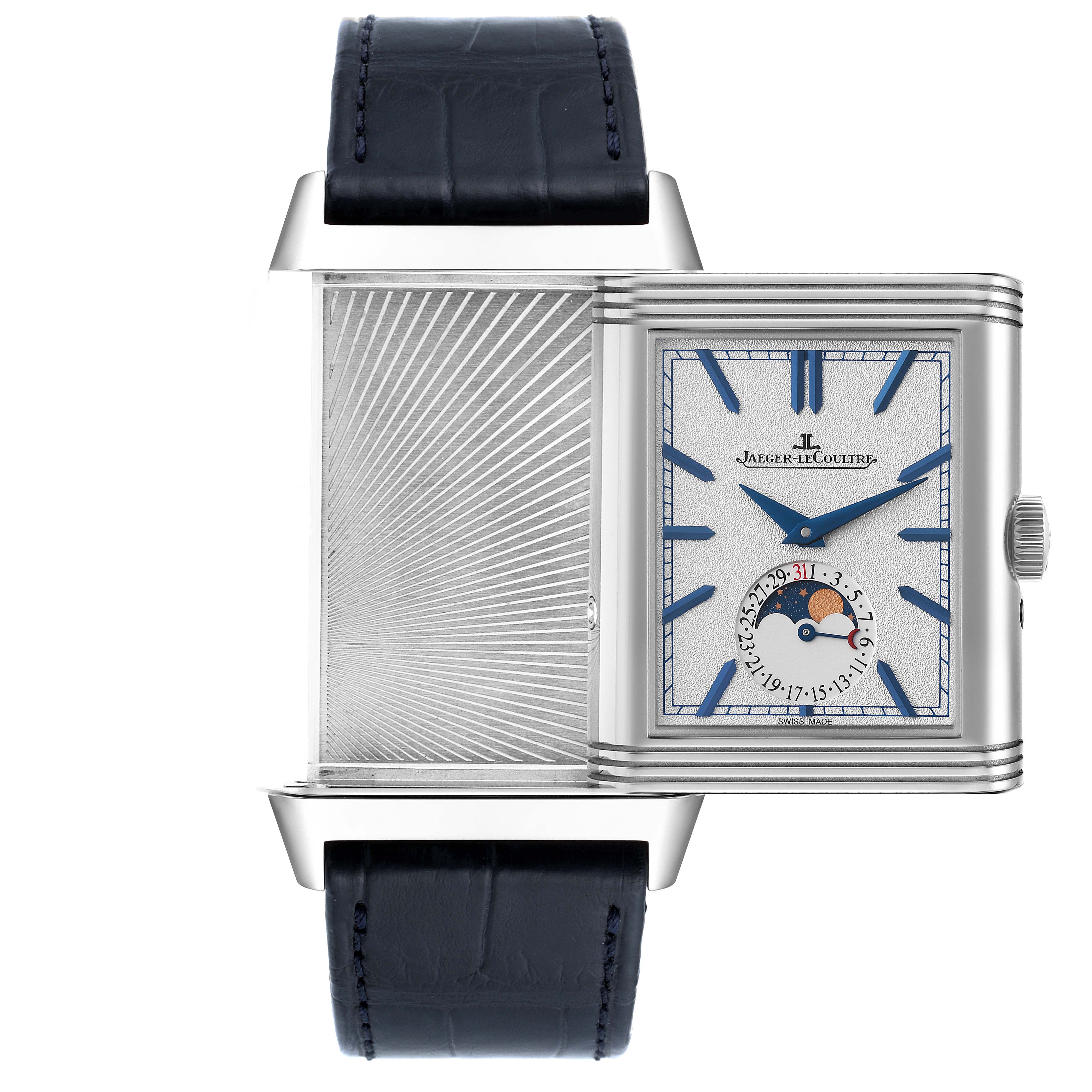 The image shows a front view of a Jaeger LeCoultre Reverso Q3958420 Men's Stainless Steel Blue Dial Q3958420 Men's Stainless Steel Blue Dial watch with its reversible case partly open, revealing its back.