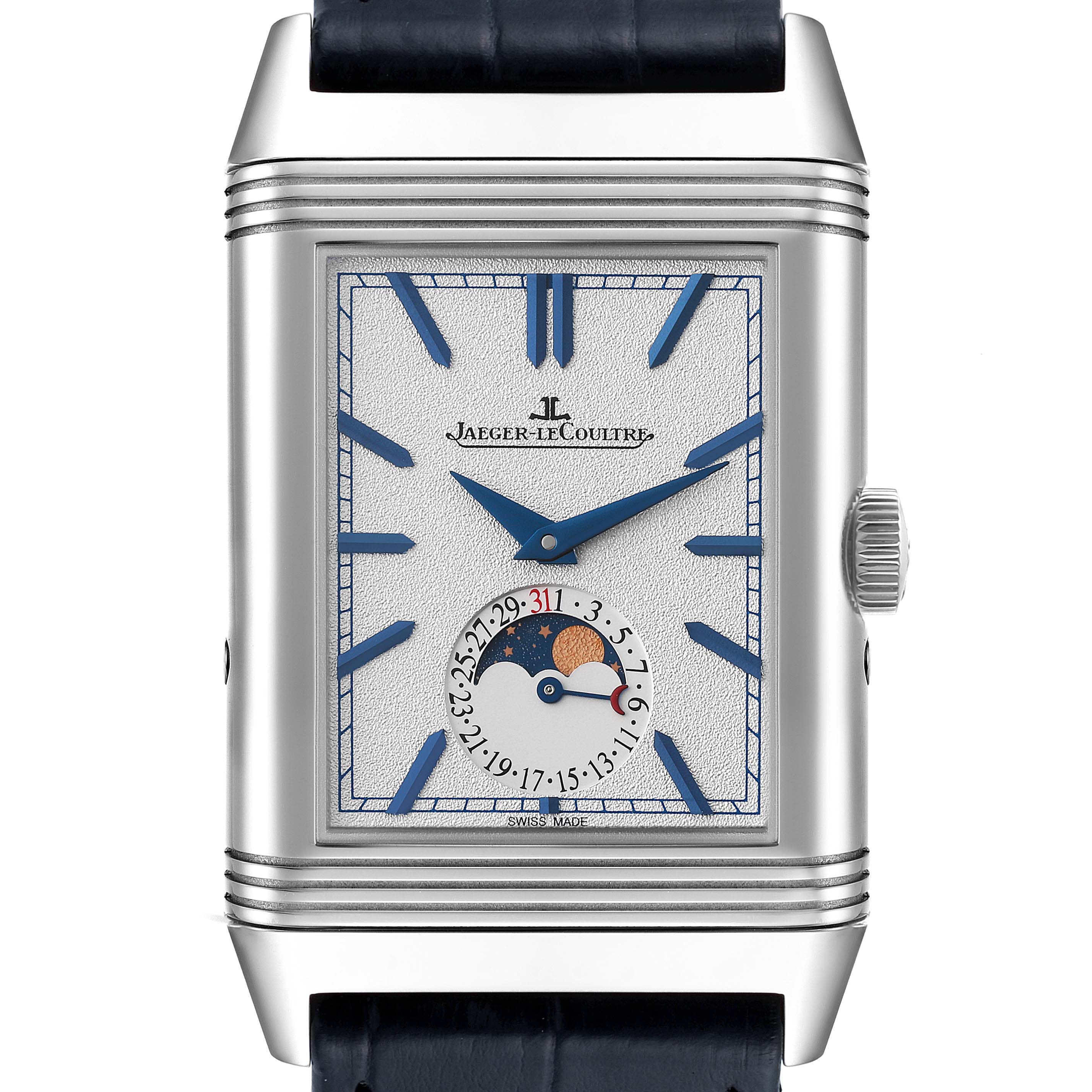 The image shows a frontal view of the Jaeger-LeCoultre Reverso watch, highlighting its dial, hands, moon phase display, and crown.
