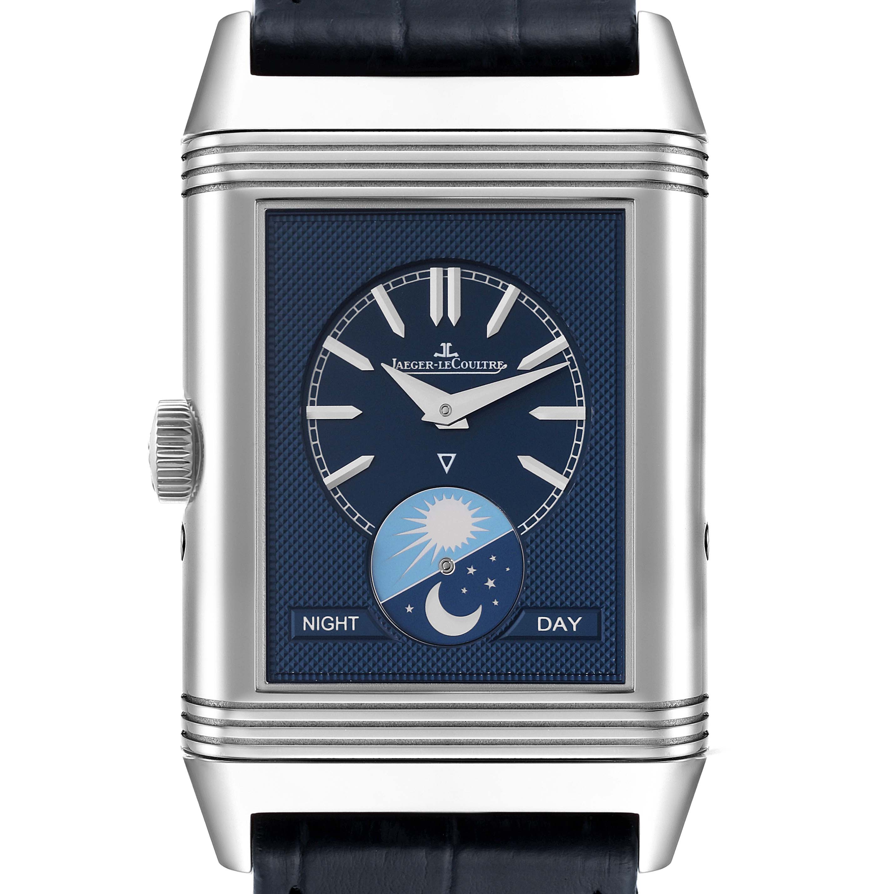 The image shows a front view of the Jaeger LeCoultre Reverso Q3958420 Men's Stainless Steel Blue Dial Q3958420 Men's Stainless Steel Blue Dial watch, featuring a blue dial with a day-night indicator.