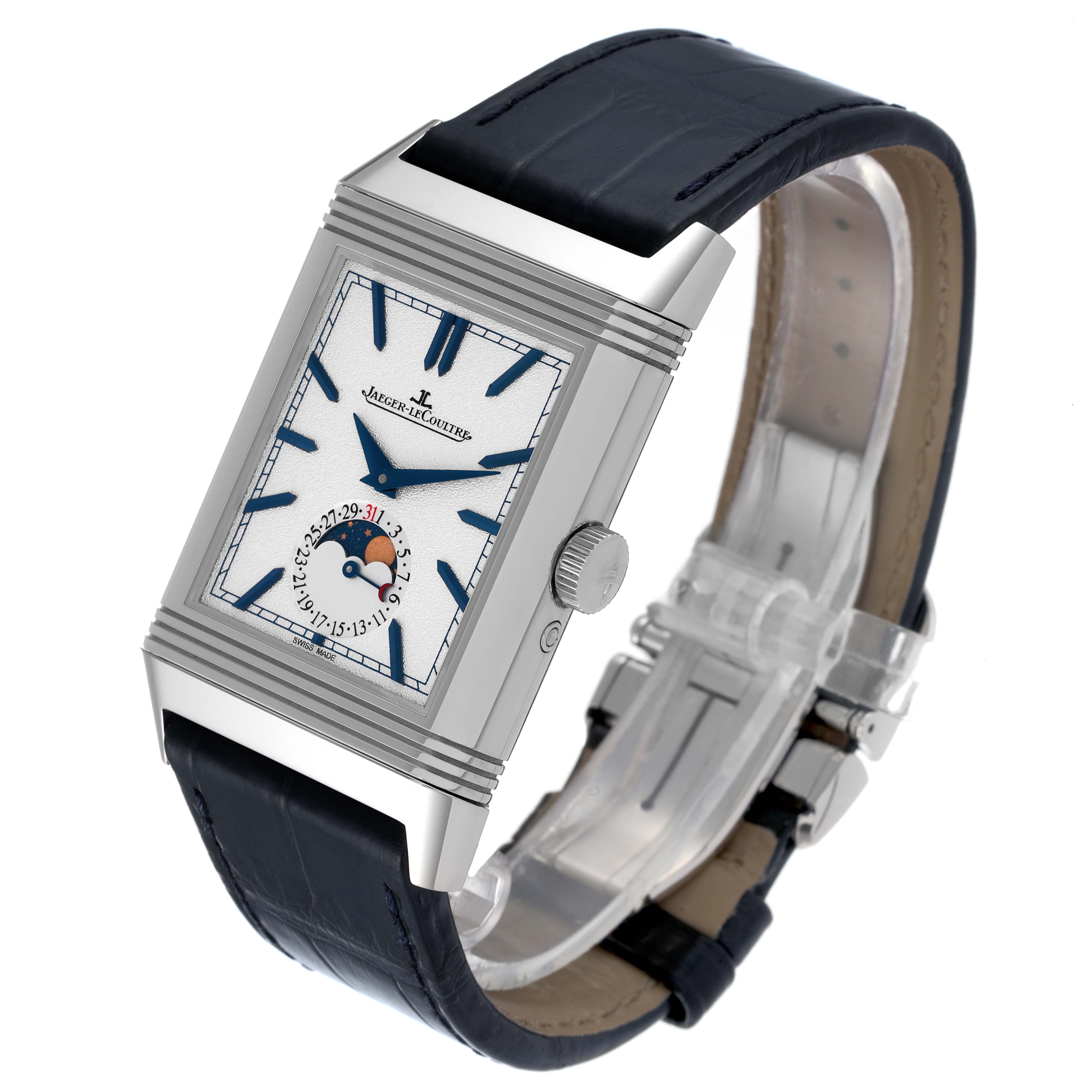 The image shows a Jaeger-LeCoultre Reverso watch from a front angle, highlighting its rectangular face and black leather strap.