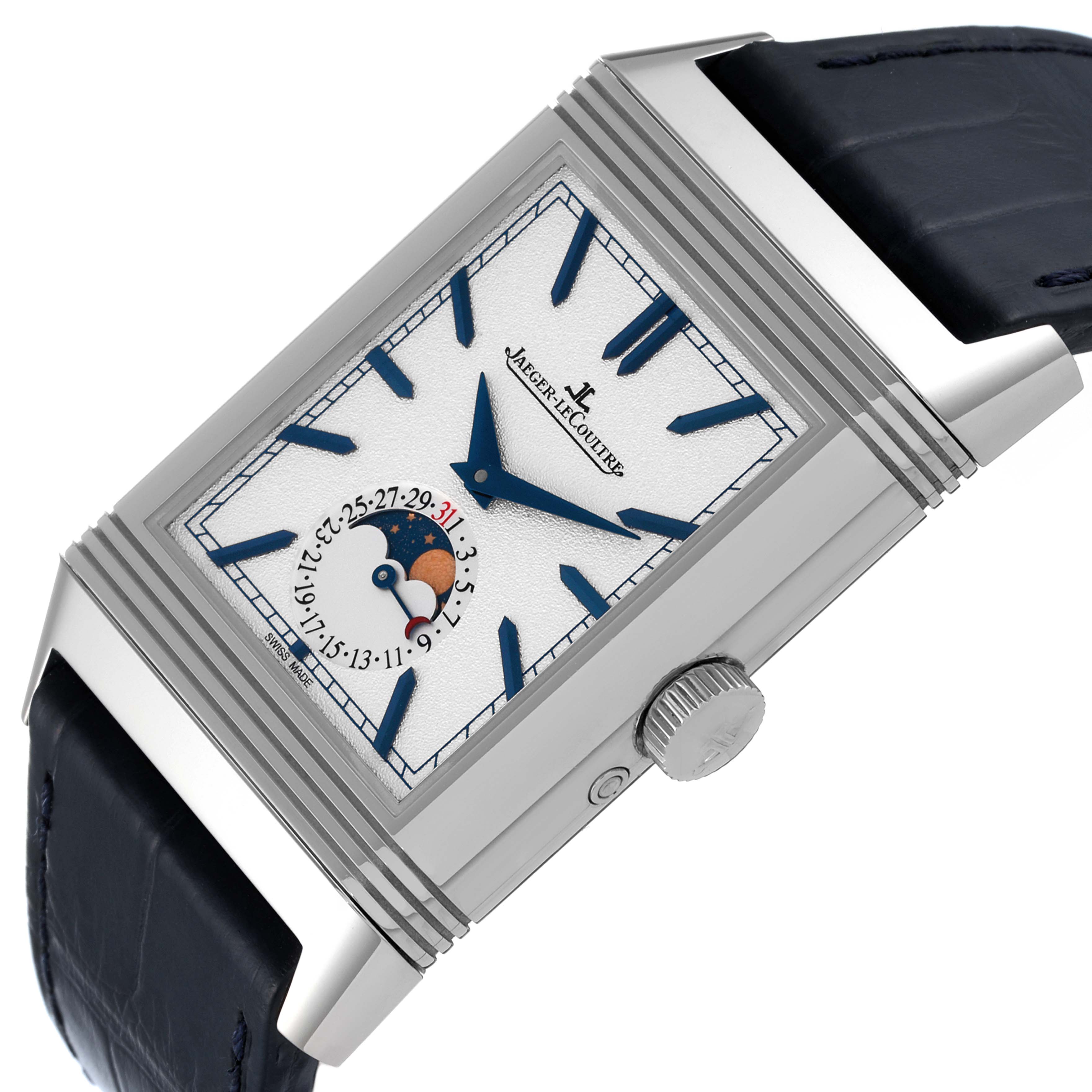 Side angle of a Jaeger-LeCoultre Reverso watch showing the dial, hands, moon phase, date display, and crown.