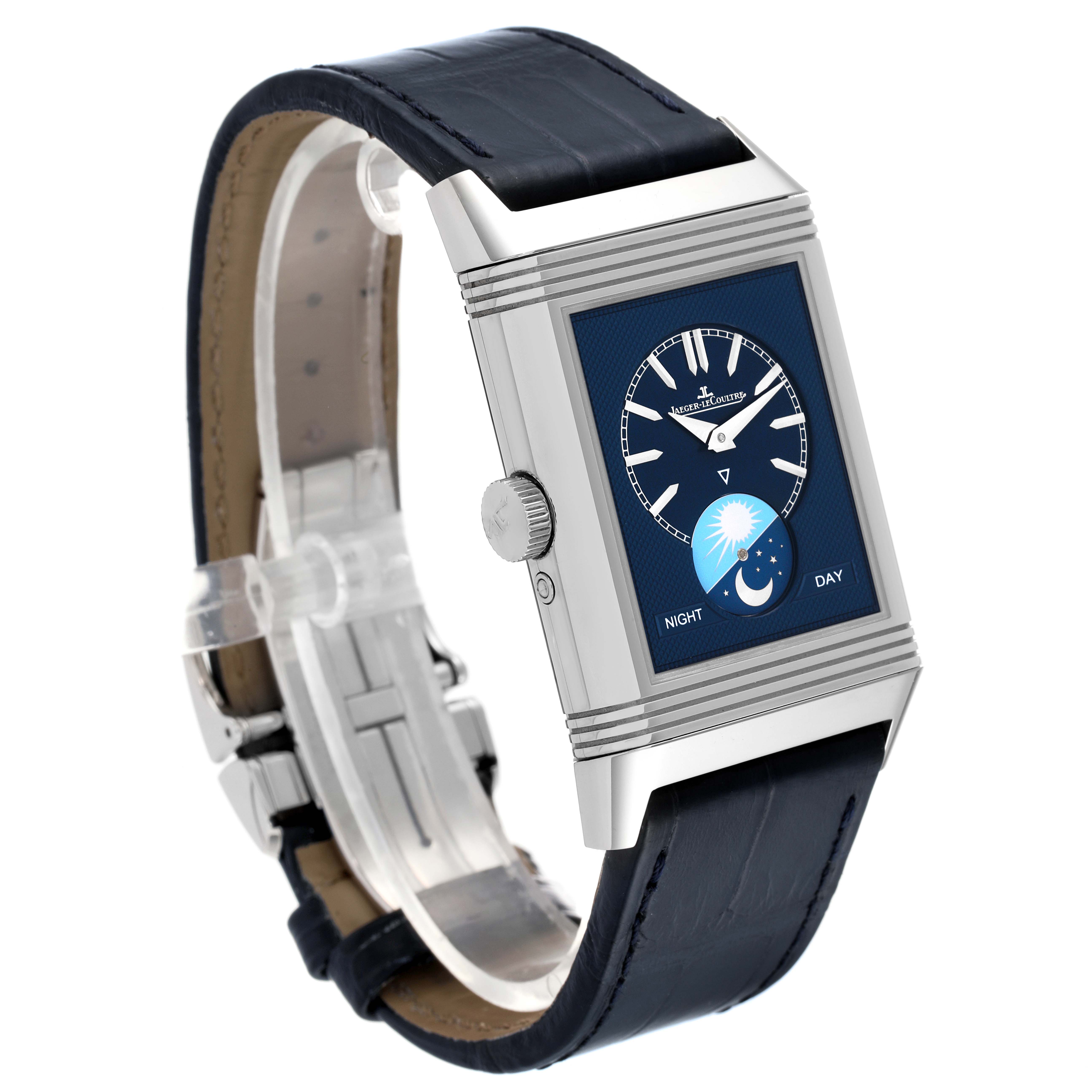 This image shows a Jaeger LeCoultre Reverso Q3958420 Men's Stainless Steel Blue Dial Q3958420 Men's Stainless Steel Blue Dial watch from a front side angle, highlighting its blue dial and leather strap.