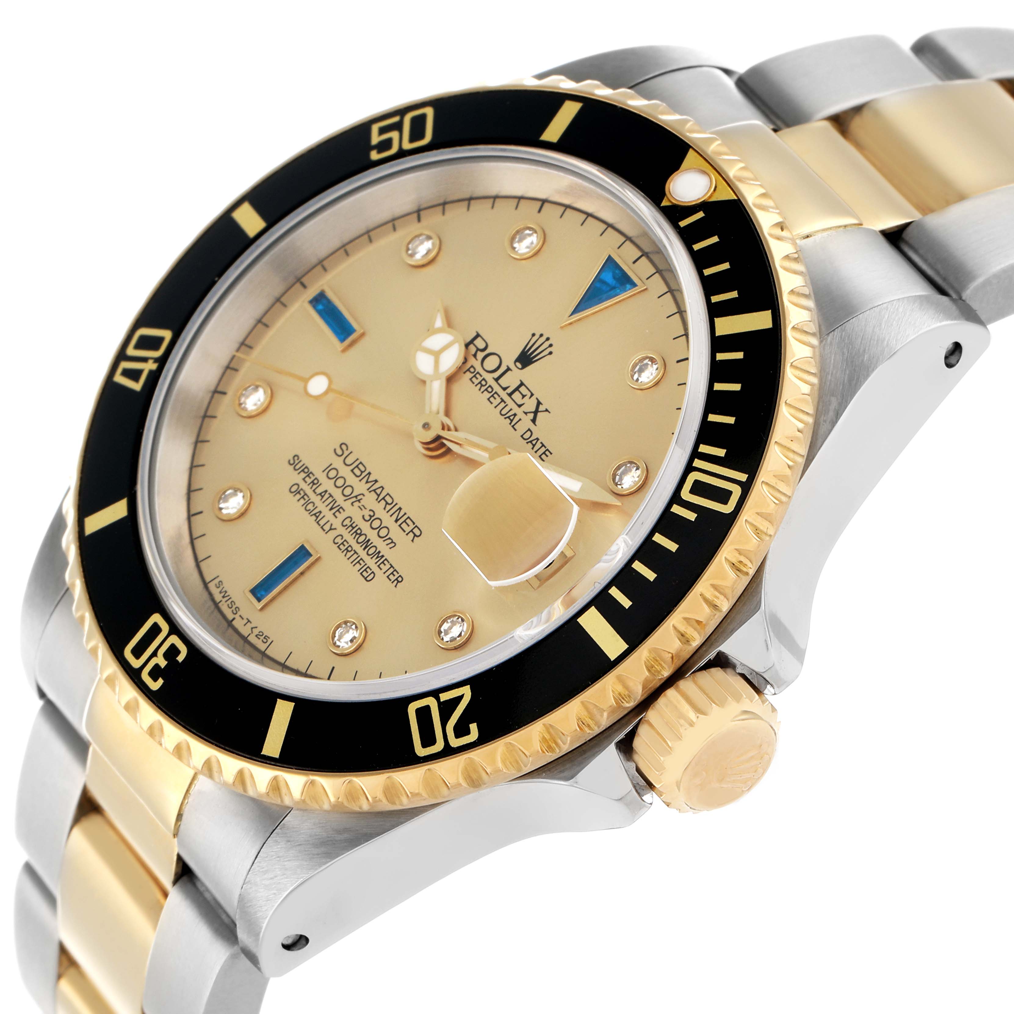 The Rolex Submariner 16613 Men
s Steel and Gold (two tone) Champagne Dial watch is shown at an angle displaying the bezel, dial, crown, and part of the bracelet.