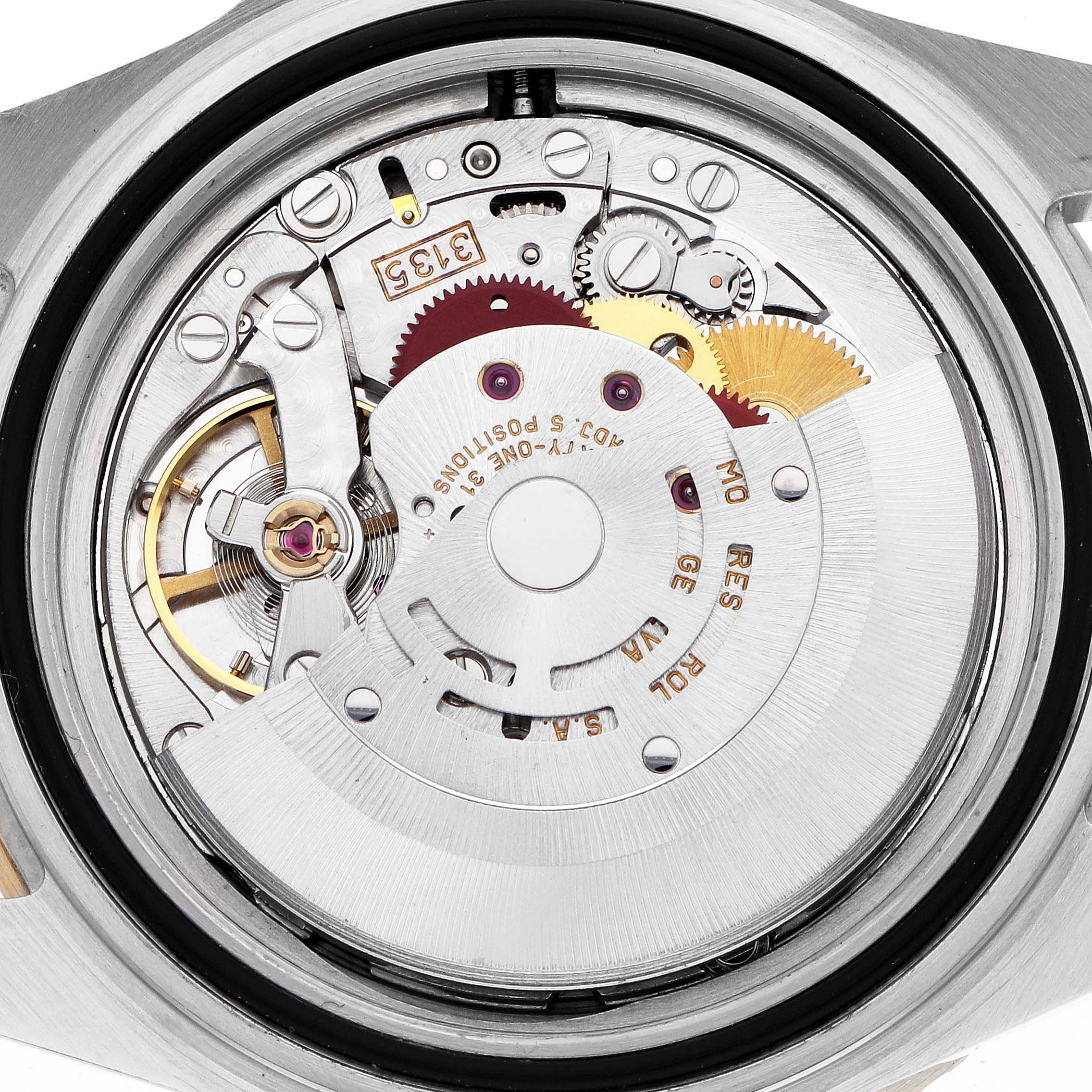 The image shows the back view of a Rolex Submariner 16613 Men
s Steel and Gold (two tone) Champagne Dial, highlighting its intricate movement and mechanical components.