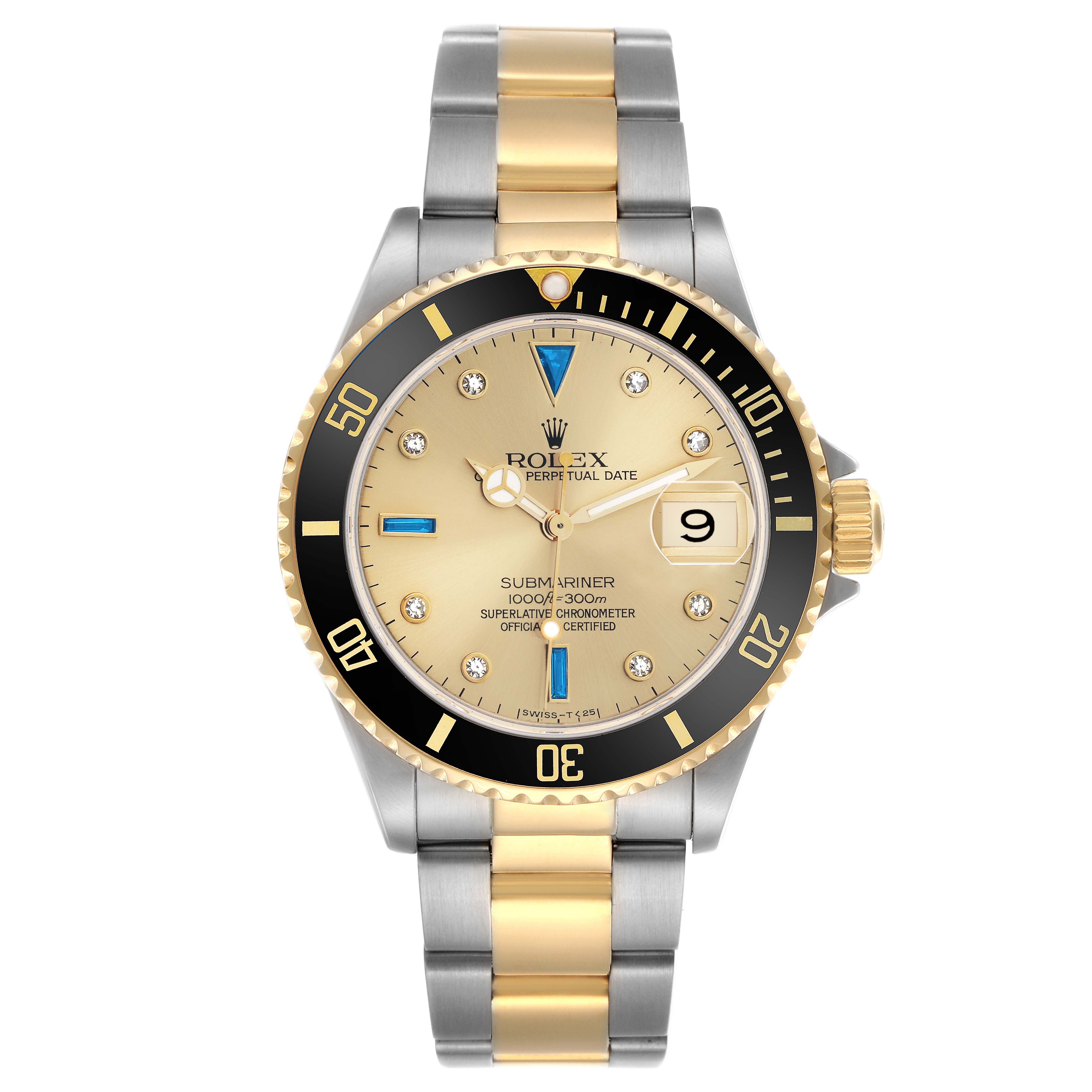The Rolex Submariner 16613 Men
s Steel and Gold (two tone) Champagne Dial watch is shown from the front, displaying the bezel, dial, hands, and bracelet.
