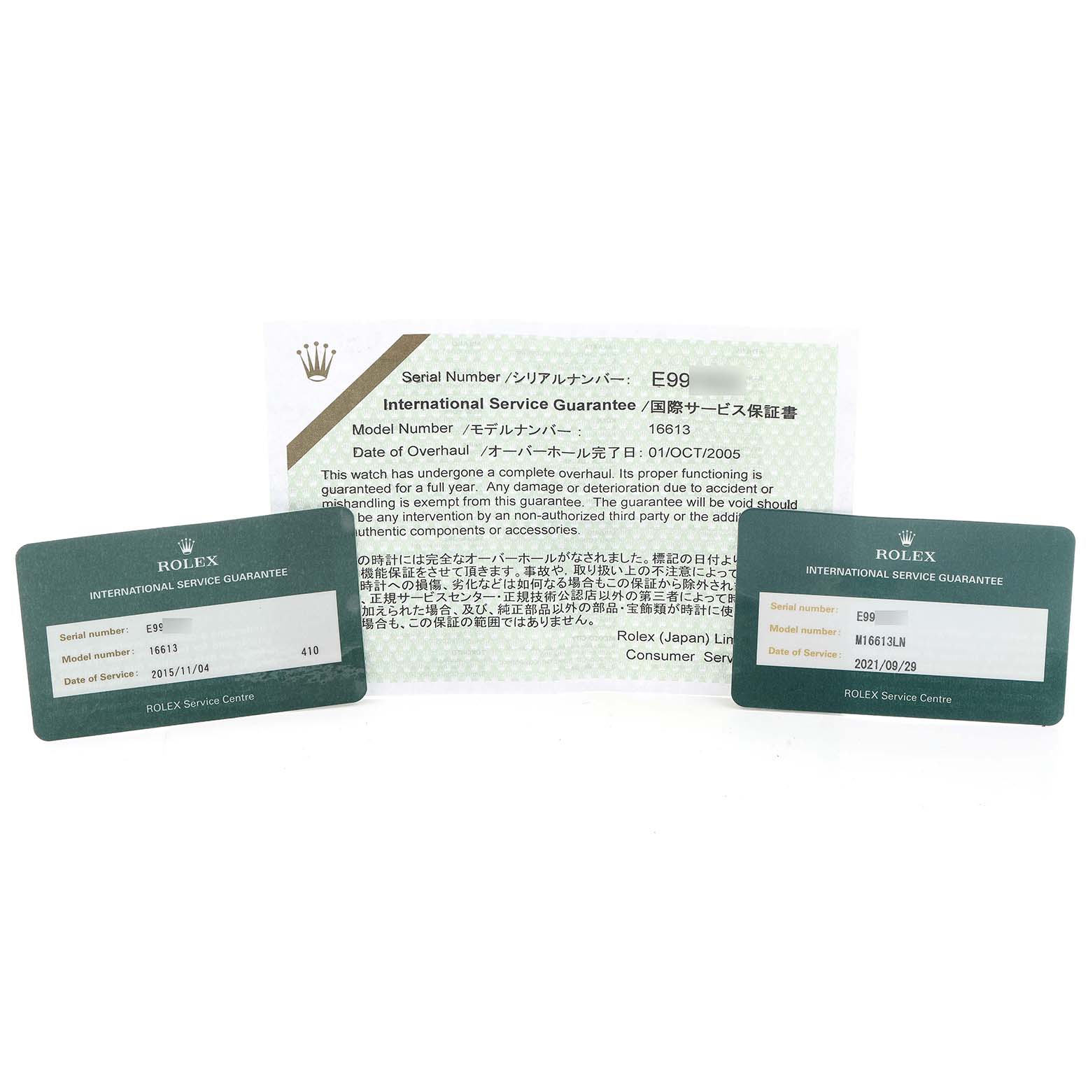 The image shows two Rolex International Service Guarantee cards and a guarantee document for the Rolex Submariner 16613 Men
s Steel and Gold (two tone) Champagne Dial model.