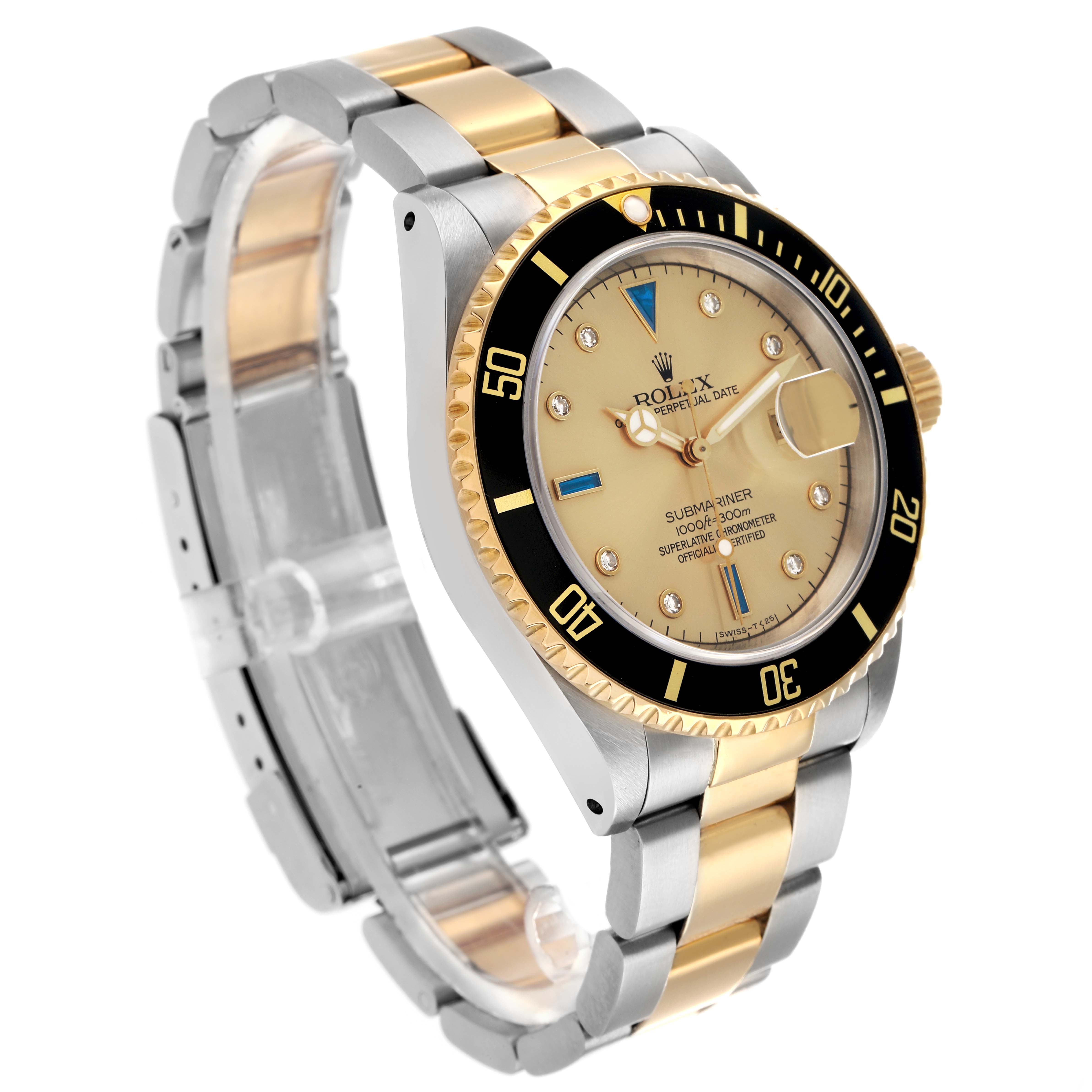 The Rolex Submariner 16613 Men
s Steel and Gold (two tone) Champagne Dial watch is shown at a three-quarter angle, highlighting its bezel, dial, and two-tone bracelet.