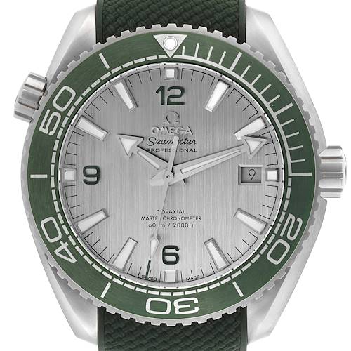 The image shows a front view of the Omega Planet Ocean watch, highlighting the dial, bezel, and part of the strap.