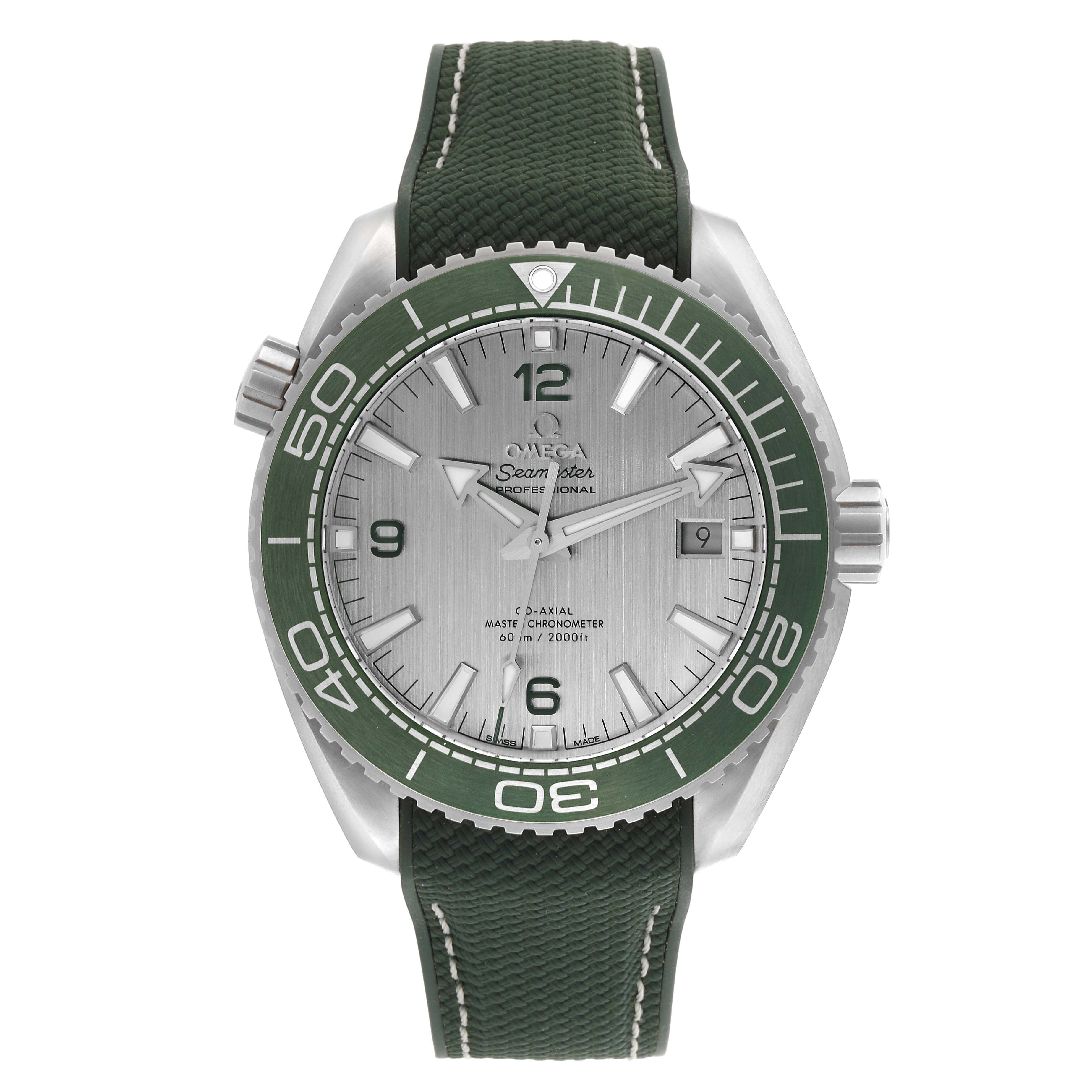 The Omega Planet Ocean 215.32.44.21.06.001 Men's Stainless Steel Grey Dial 215.32.44.21.06.001 Men's Stainless Steel Grey Dial watch is shown from the front, displaying the dial, bezel, crown, and strap.