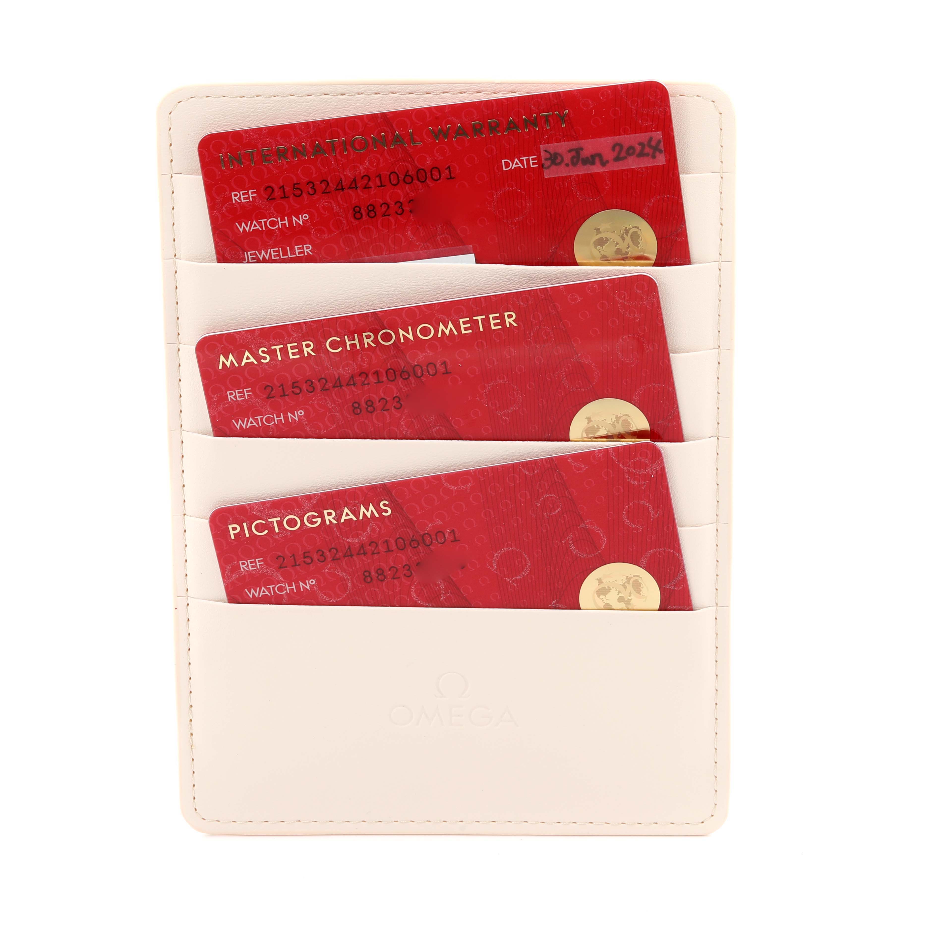 The image shows warranty cards for the Omega Planet Ocean 215.32.44.21.06.001 Men's Stainless Steel Grey Dial 215.32.44.21.06.001 Men's Stainless Steel Grey Dial model in a white holder.