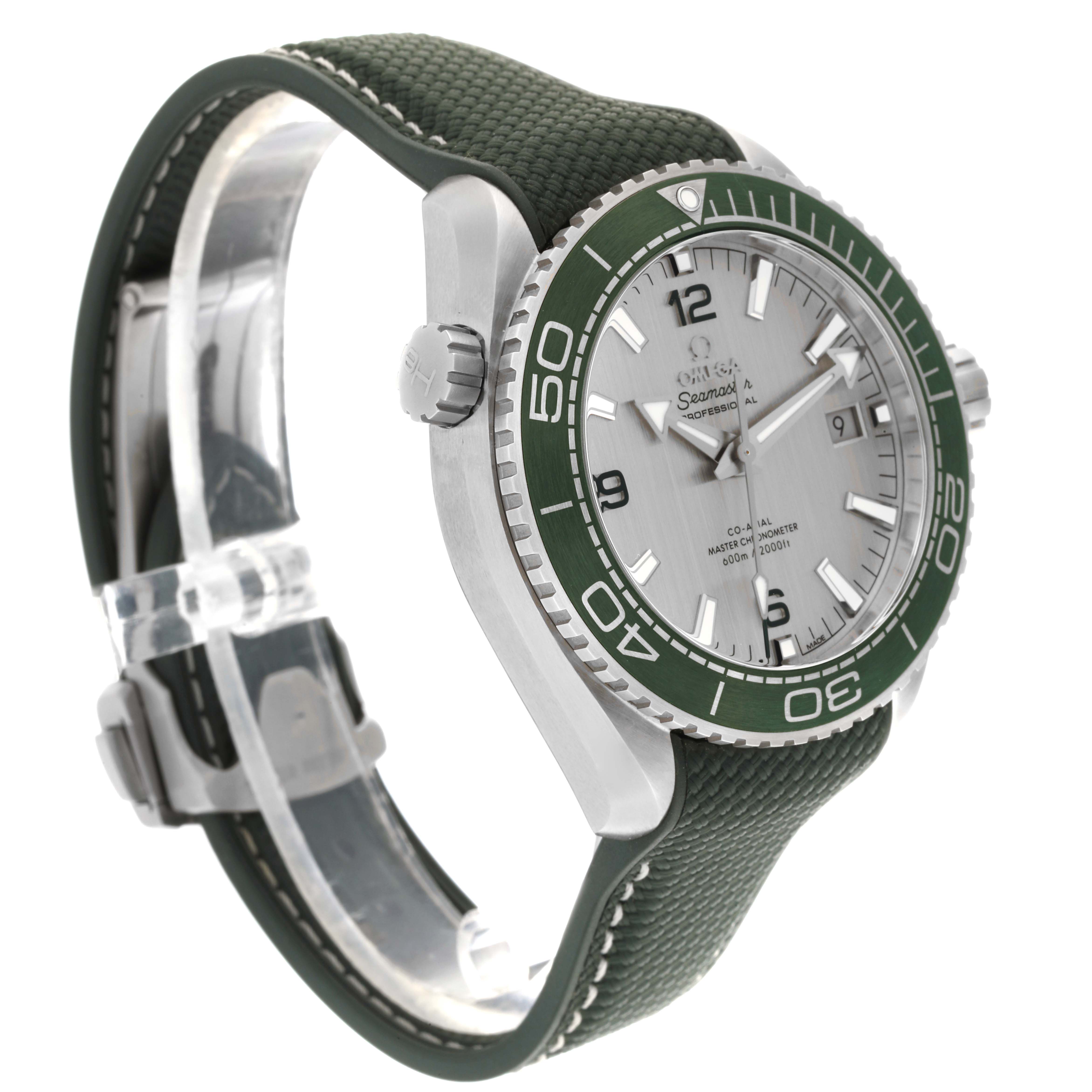 The Omega Planet Ocean 215.32.44.21.06.001 Men's Stainless Steel Grey Dial 215.32.44.21.06.001 Men's Stainless Steel Grey Dial watch is shown at an angled side view, displaying the green bezel, dial, and textured strap.