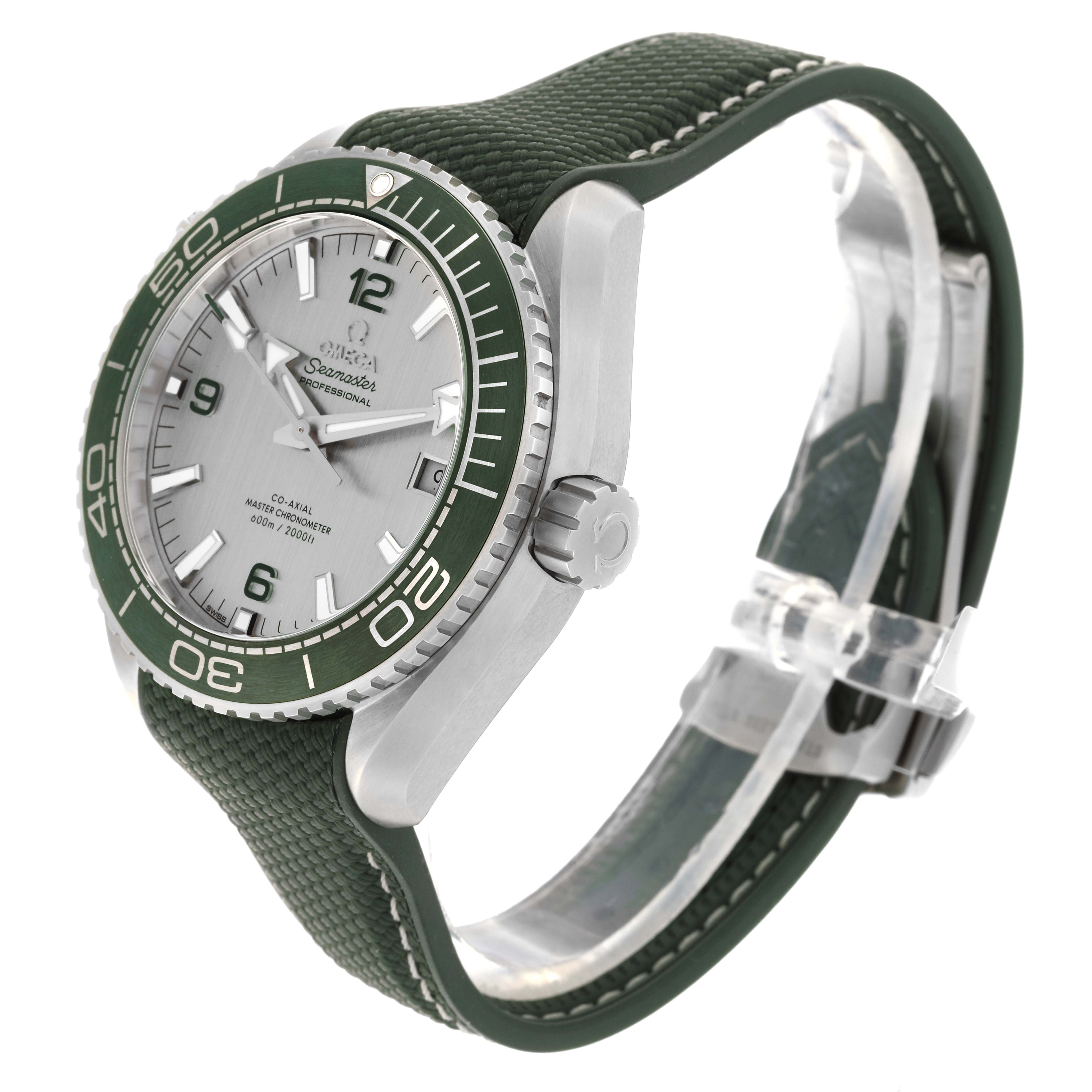 The Omega Planet Ocean 215.32.44.21.06.001 Men's Stainless Steel Grey Dial 215.32.44.21.06.001 Men's Stainless Steel Grey Dial watch is shown from a side angle, highlighting the bezel, dial, and strap.