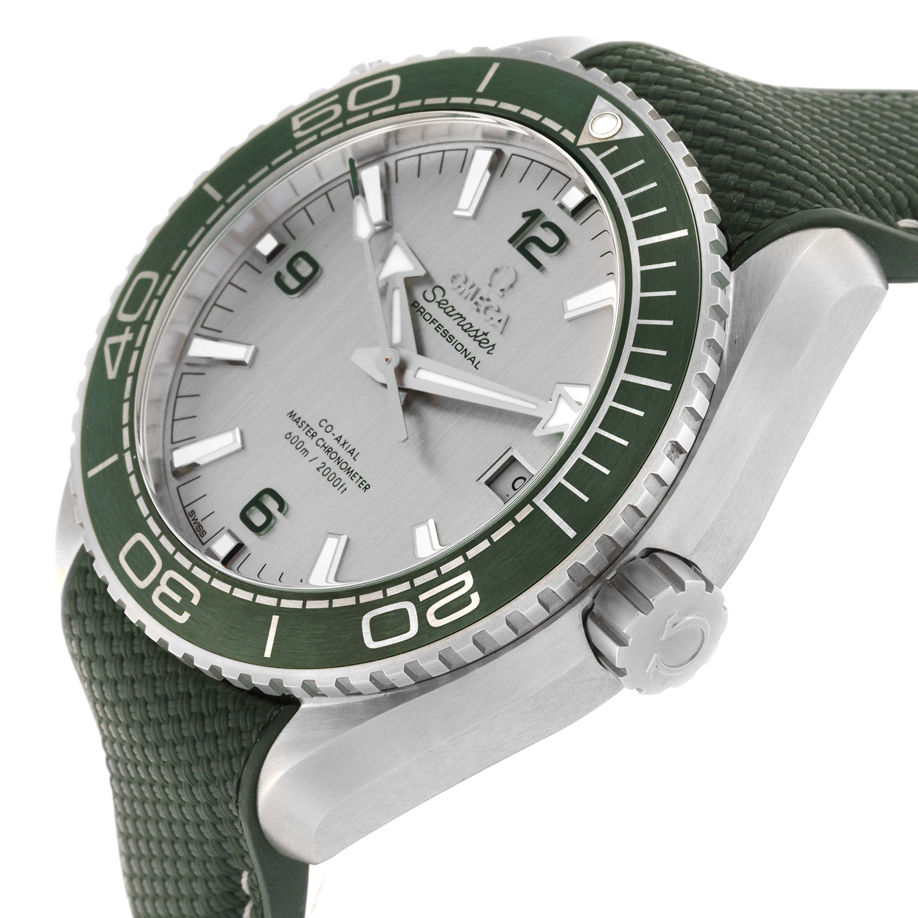 The Omega Planet Ocean 215.32.44.21.06.001 Men's Stainless Steel Grey Dial 215.32.44.21.06.001 Men's Stainless Steel Grey Dial watch is shown at an oblique angle, highlighting the green bezel, dial, and crown.