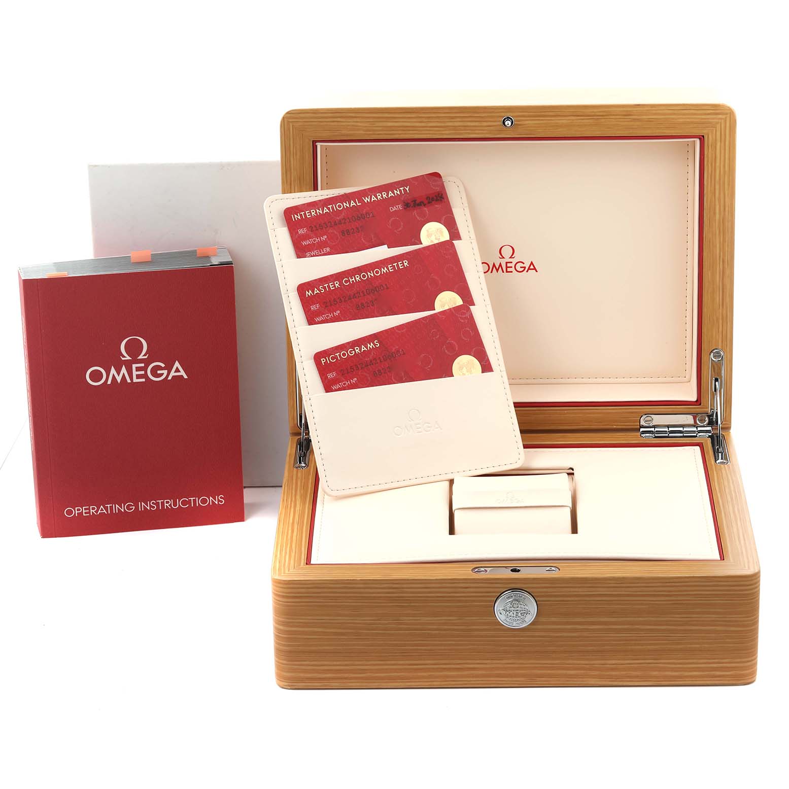 The Omega Planet Ocean 215.32.44.21.06.001 Men's Stainless Steel Grey Dial 215.32.44.21.06.001 Men's Stainless Steel Grey Dial box includes a case, warranty cards, instruction manual, and cardholder in a display angle.