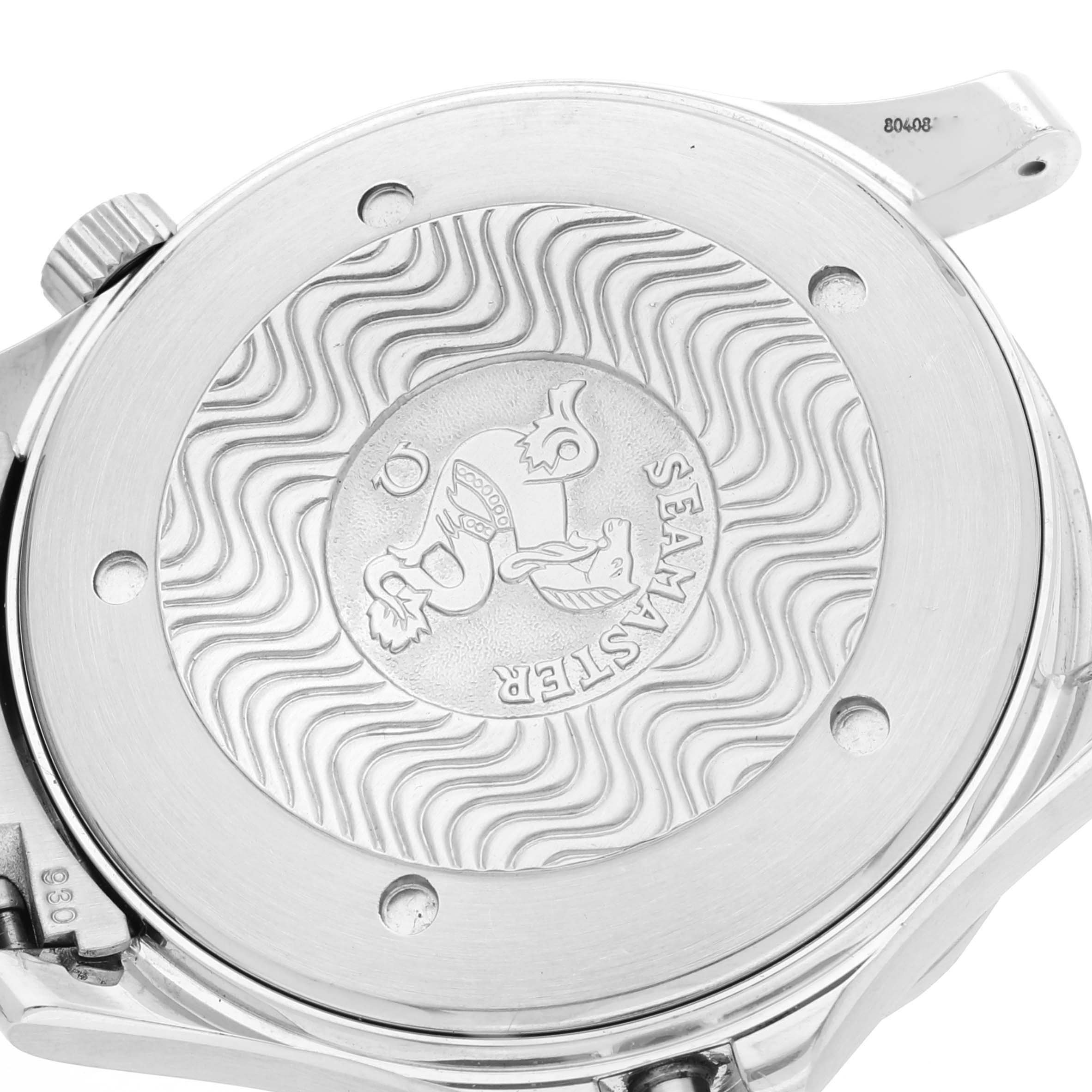 This image shows the case back of an Omega Seamaster 2254.50.00 Men's Stainless Steel Black Dial 2254.50.00 Men's Stainless Steel Black Dial watch from a slightly angled overhead perspective.