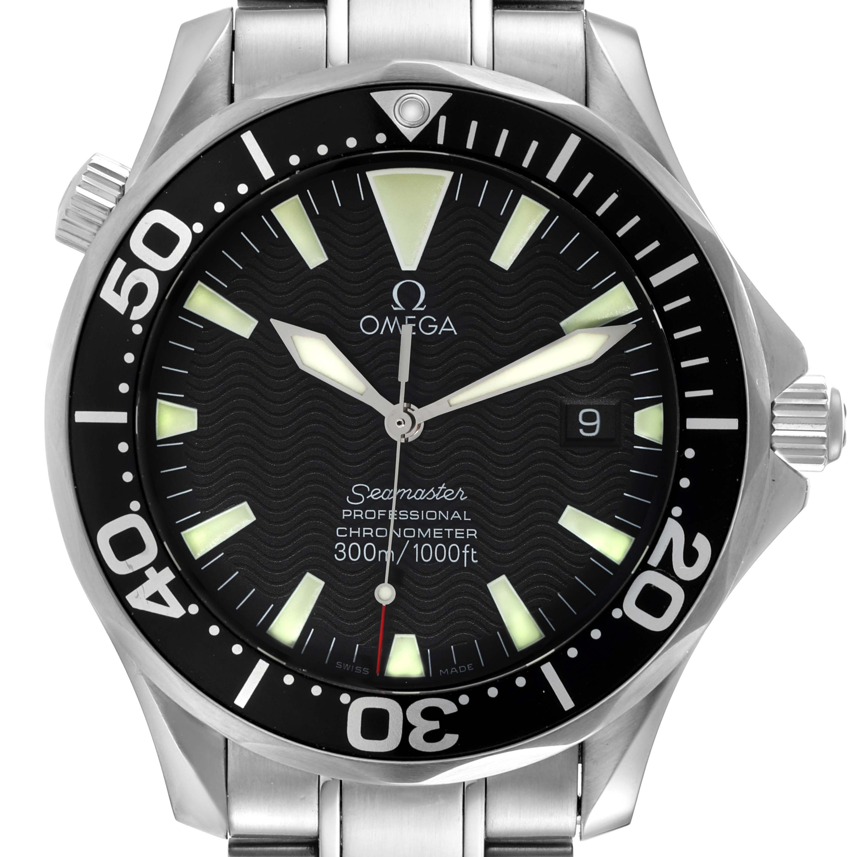 The image shows a front view of the Omega Seamaster 2254.50.00 Men's Stainless Steel Black Dial 2254.50.00 Men's Stainless Steel Black Dial watch, highlighting the black dial, bezel, and part of the stainless steel bracelet.