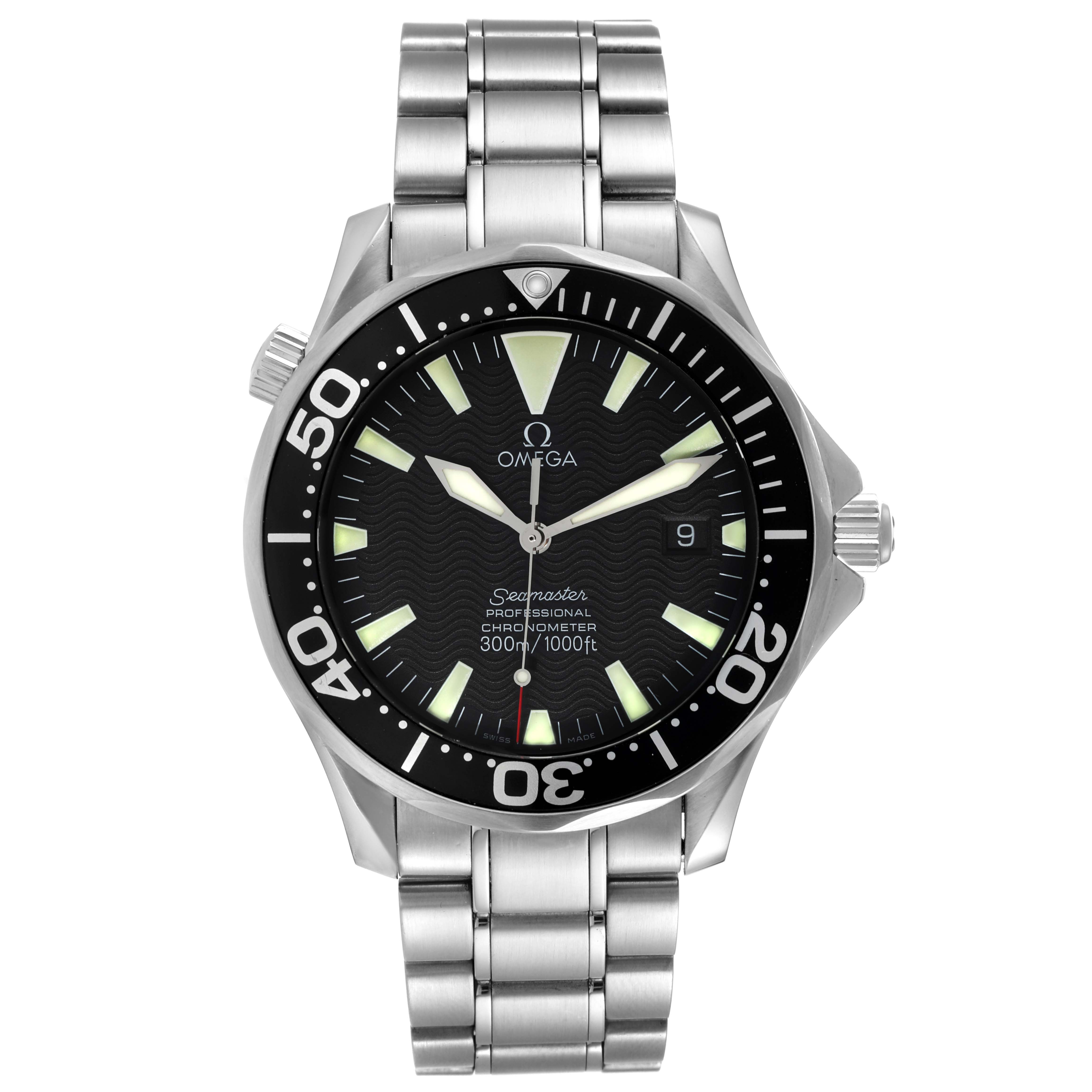 This image shows a front-facing Omega Seamaster 2254.50.00 Men's Stainless Steel Black Dial 2254.50.00 Men's Stainless Steel Black Dial watch with a stainless steel bracelet and black bezel.
