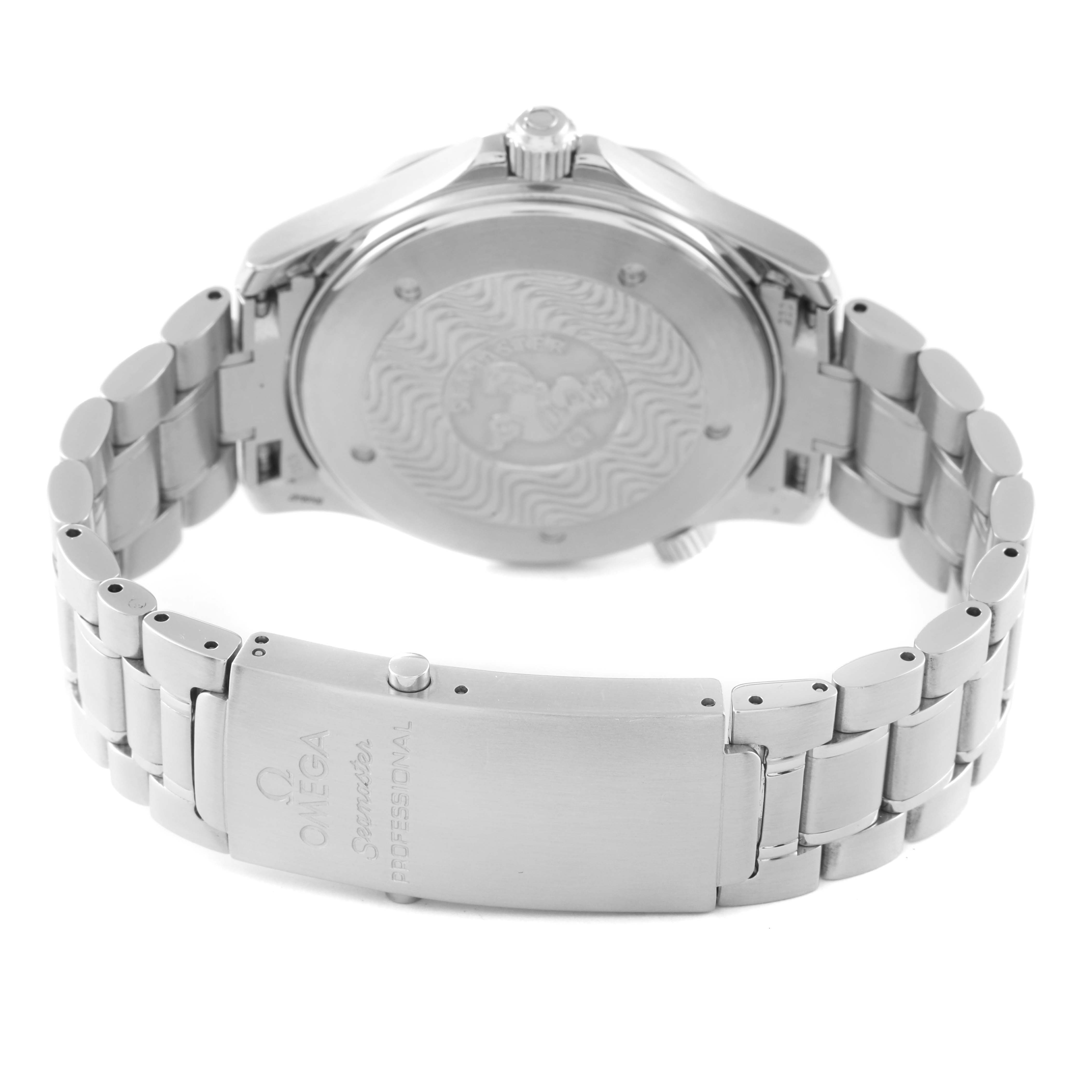 The image shows the back and clasp of an Omega Seamaster 2254.50.00 Men's Stainless Steel Black Dial 2254.50.00 Men's Stainless Steel Black Dial watch, highlighting the bracelet and caseback.