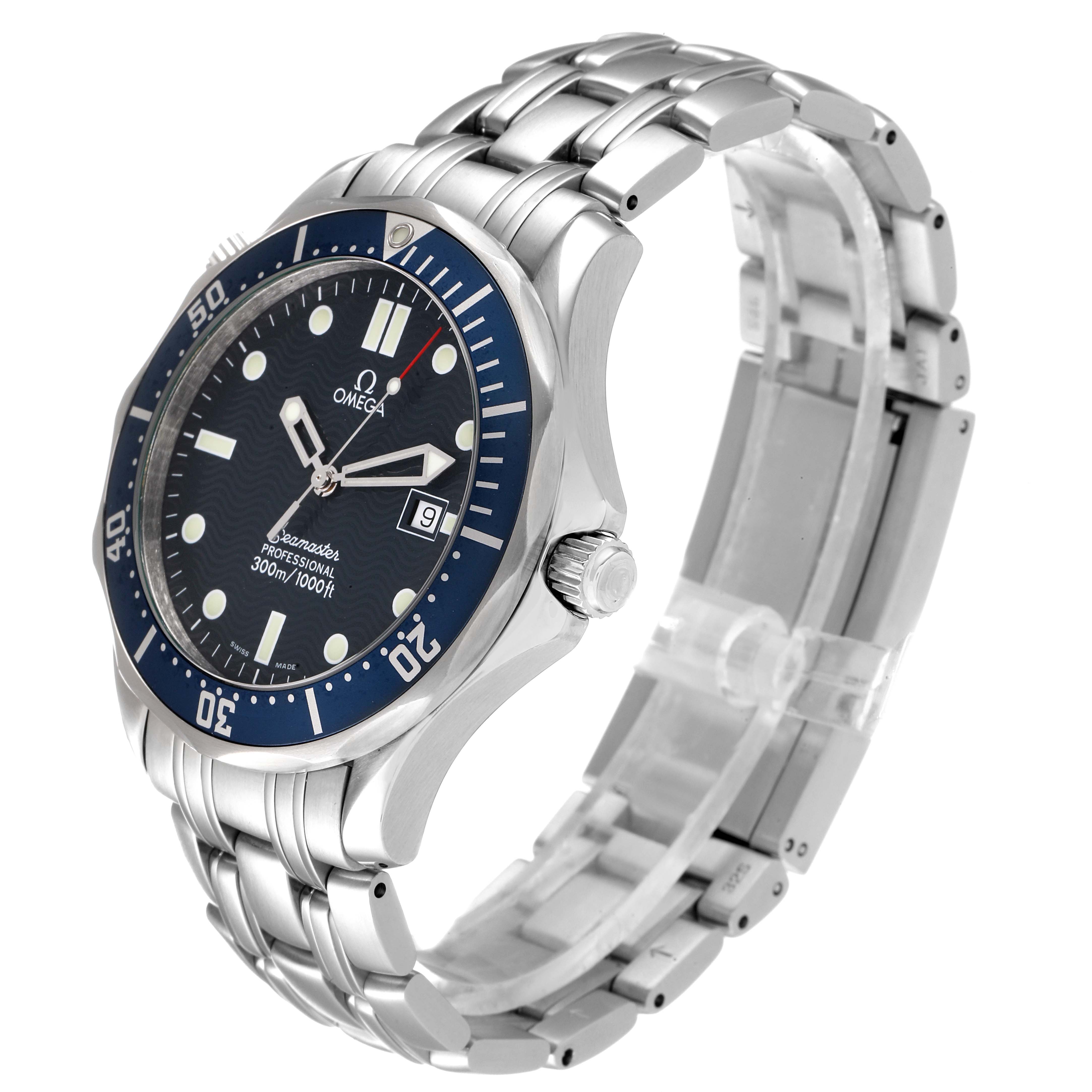 The Omega Seamaster 2541.80.00 Men's Stainless Steel Blue Dial 2541.80.00 Men's Stainless Steel Blue Dial watch is shown from an angled side view, highlighting the dial, bezel, bracelet, and crown.