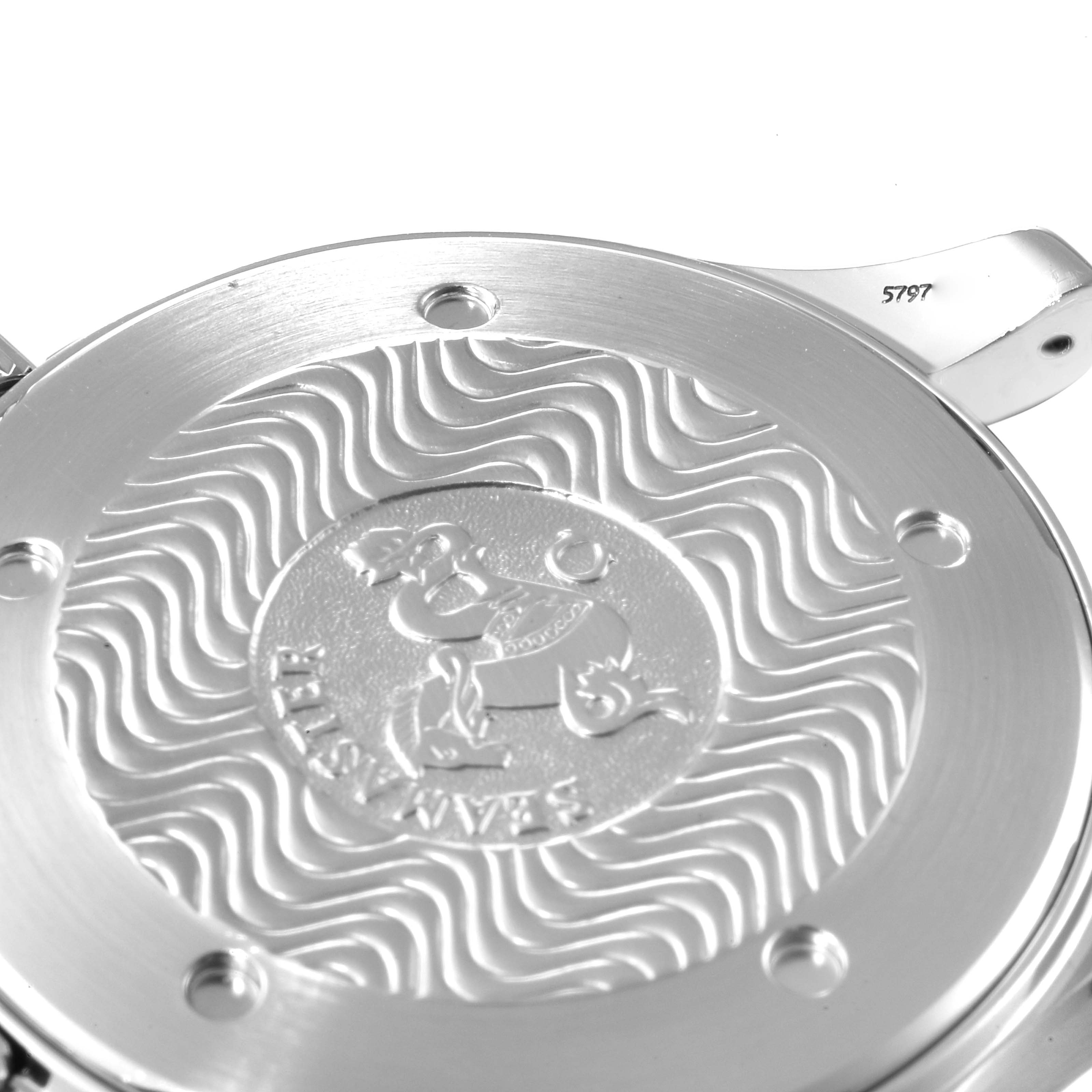 The image shows the case back of an Omega Seamaster 2541.80.00 Men's Stainless Steel Blue Dial 2541.80.00 Men's Stainless Steel Blue Dial watch, highlighting its engraved design and branding.