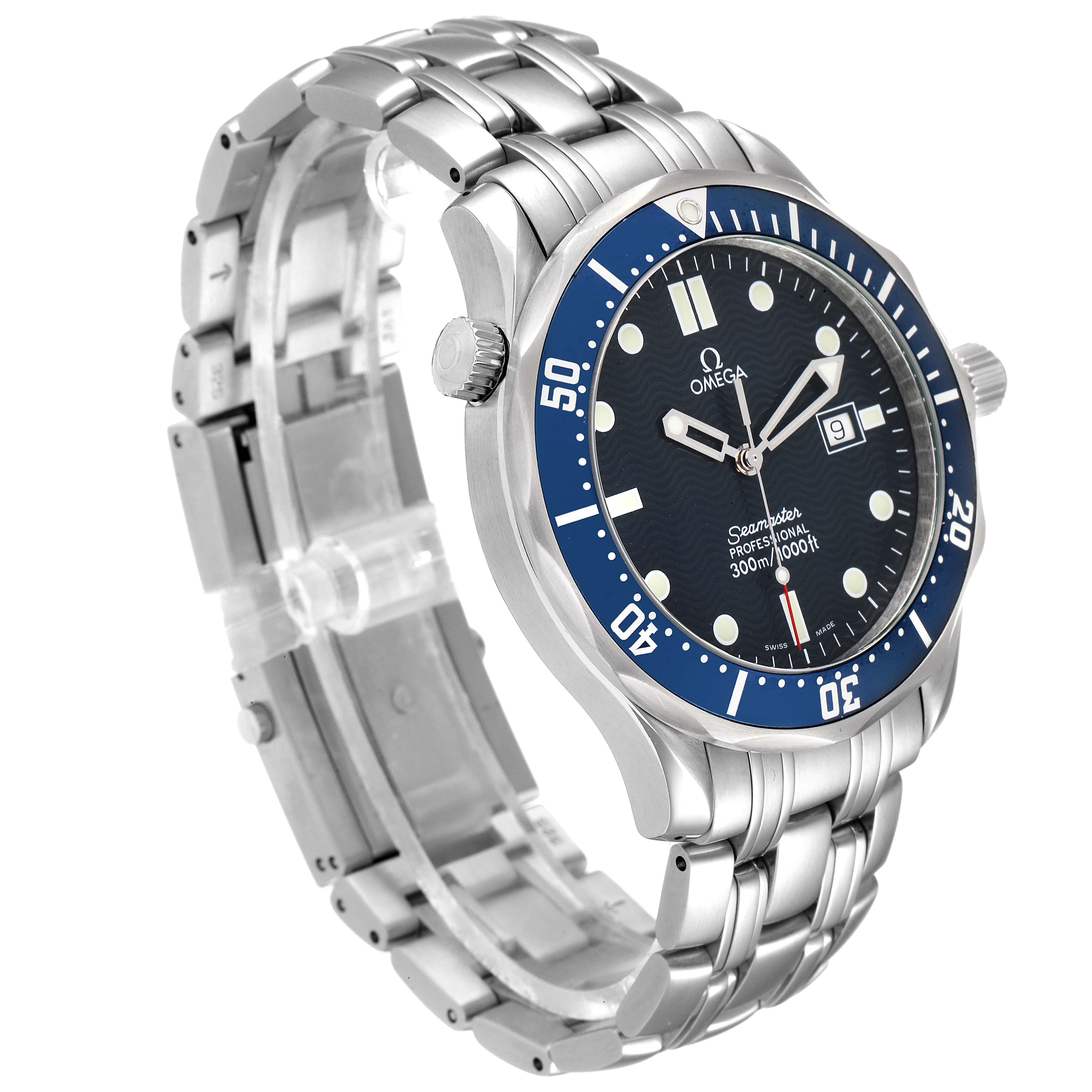 The Omega Seamaster 2541.80.00 Men's Stainless Steel Blue Dial 2541.80.00 Men's Stainless Steel Blue Dial watch is shown at a three-quarter angle, highlighting the blue bezel, dial, and stainless steel bracelet.