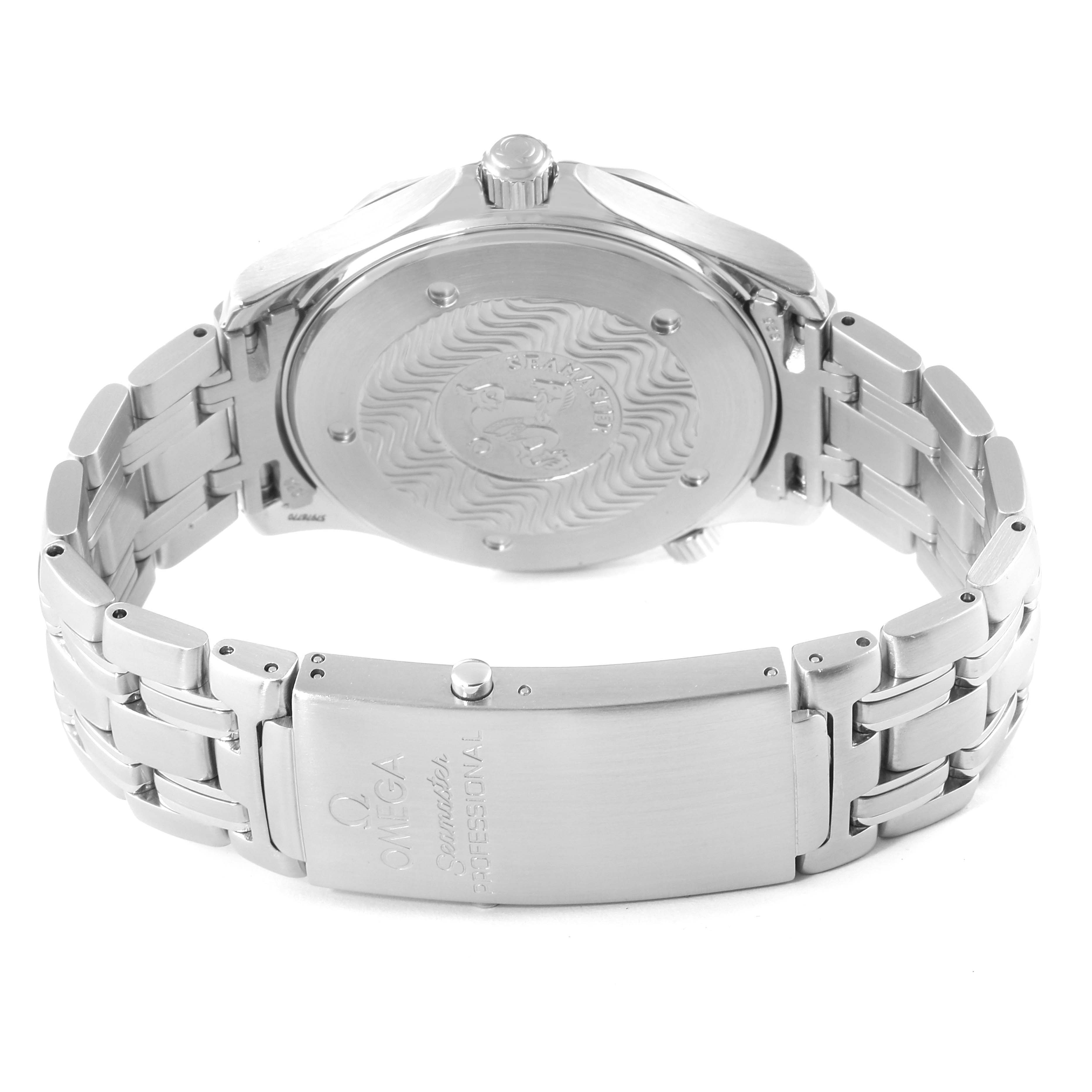 The image shows the back and clasp of an Omega Seamaster 2541.80.00 Men's Stainless Steel Blue Dial 2541.80.00 Men's Stainless Steel Blue Dial watch, highlighting the engraved case back and metal bracelet.