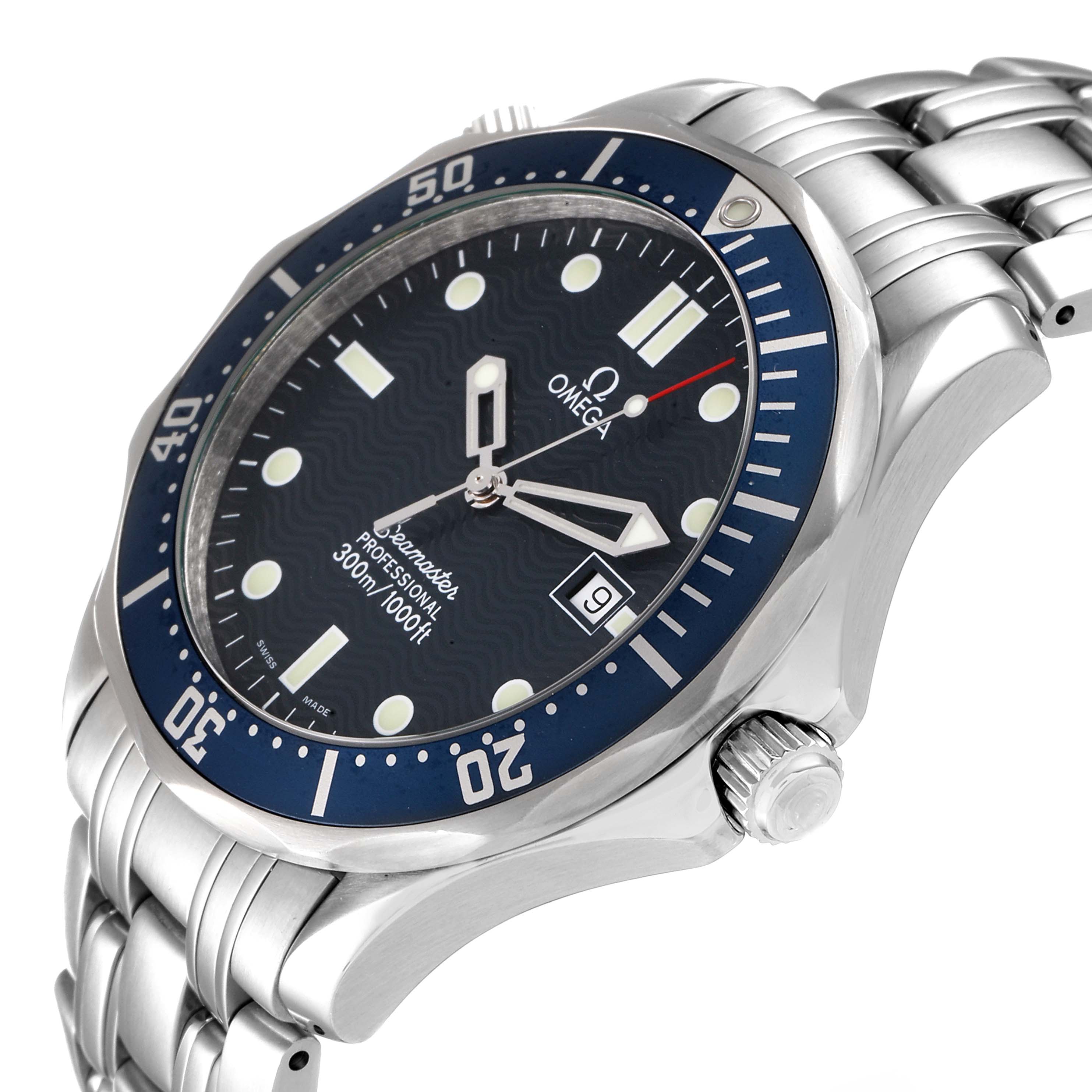 The image shows an angled view of the Omega Seamaster 2541.80.00 Men's Stainless Steel Blue Dial 2541.80.00 Men's Stainless Steel Blue Dial watch, highlighting the dial, bezel, hands, crown, and bracelet.