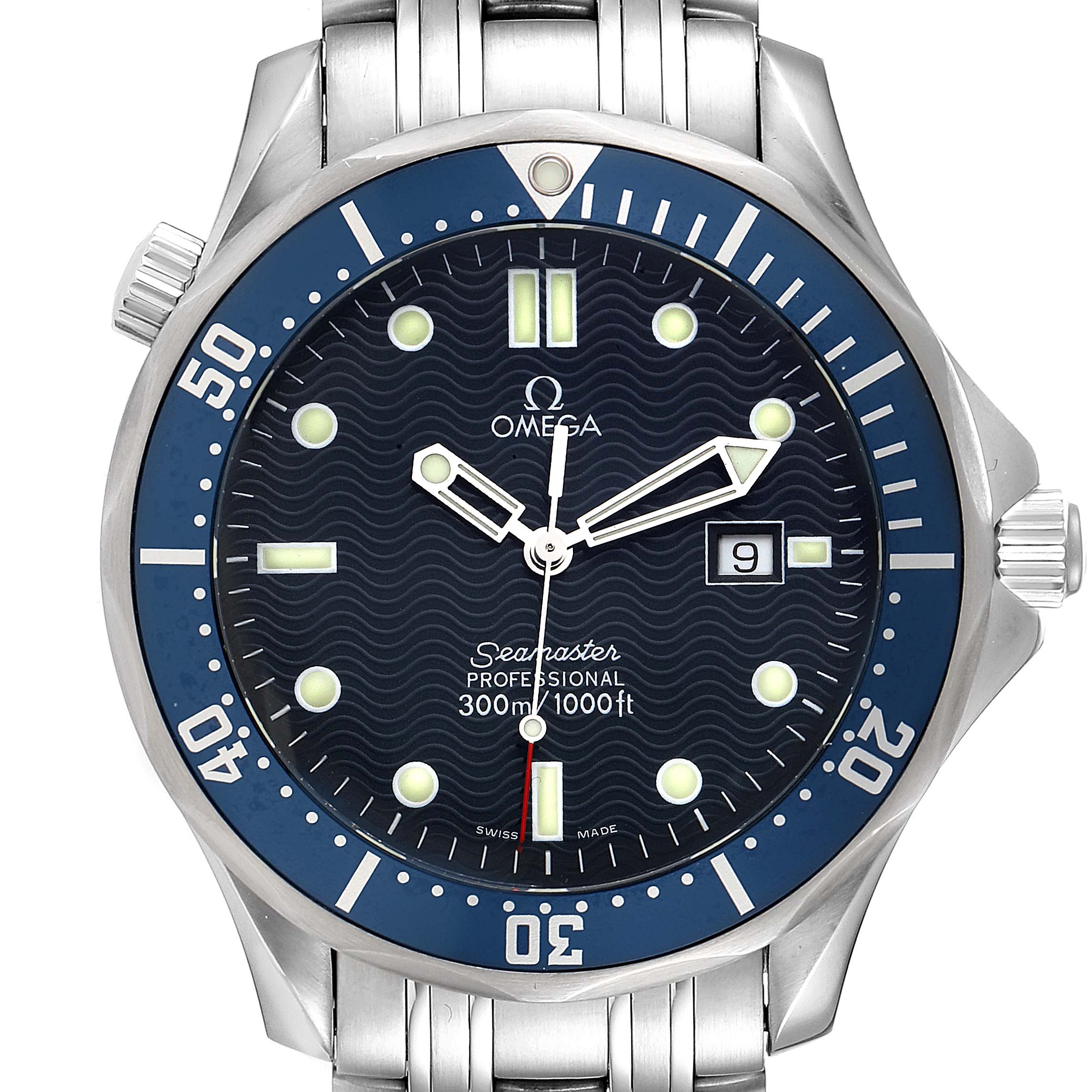 The image shows a front view of an Omega Seamaster 2541.80.00 Men's Stainless Steel Blue Dial 2541.80.00 Men's Stainless Steel Blue Dial watch, highlighting its blue bezel, dial, and stainless steel bracelet.