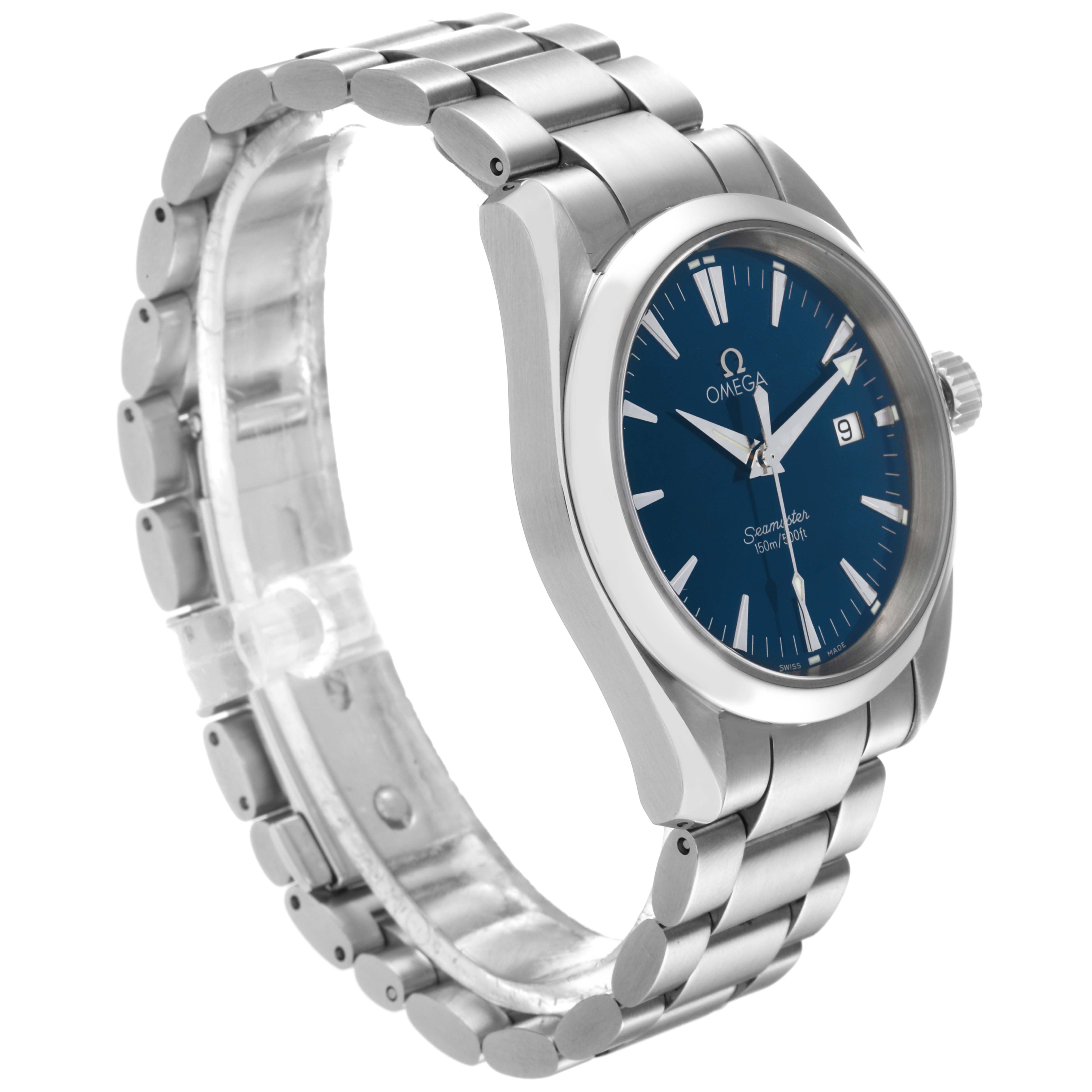 The image shows a three-quarter view of an Omega Aqua Terra 2517.80.00 Men's Stainless Steel Blue Dial 2517.80.00 Men's Stainless Steel Blue Dial watch, highlighting its blue dial, stainless steel case, and bracelet.