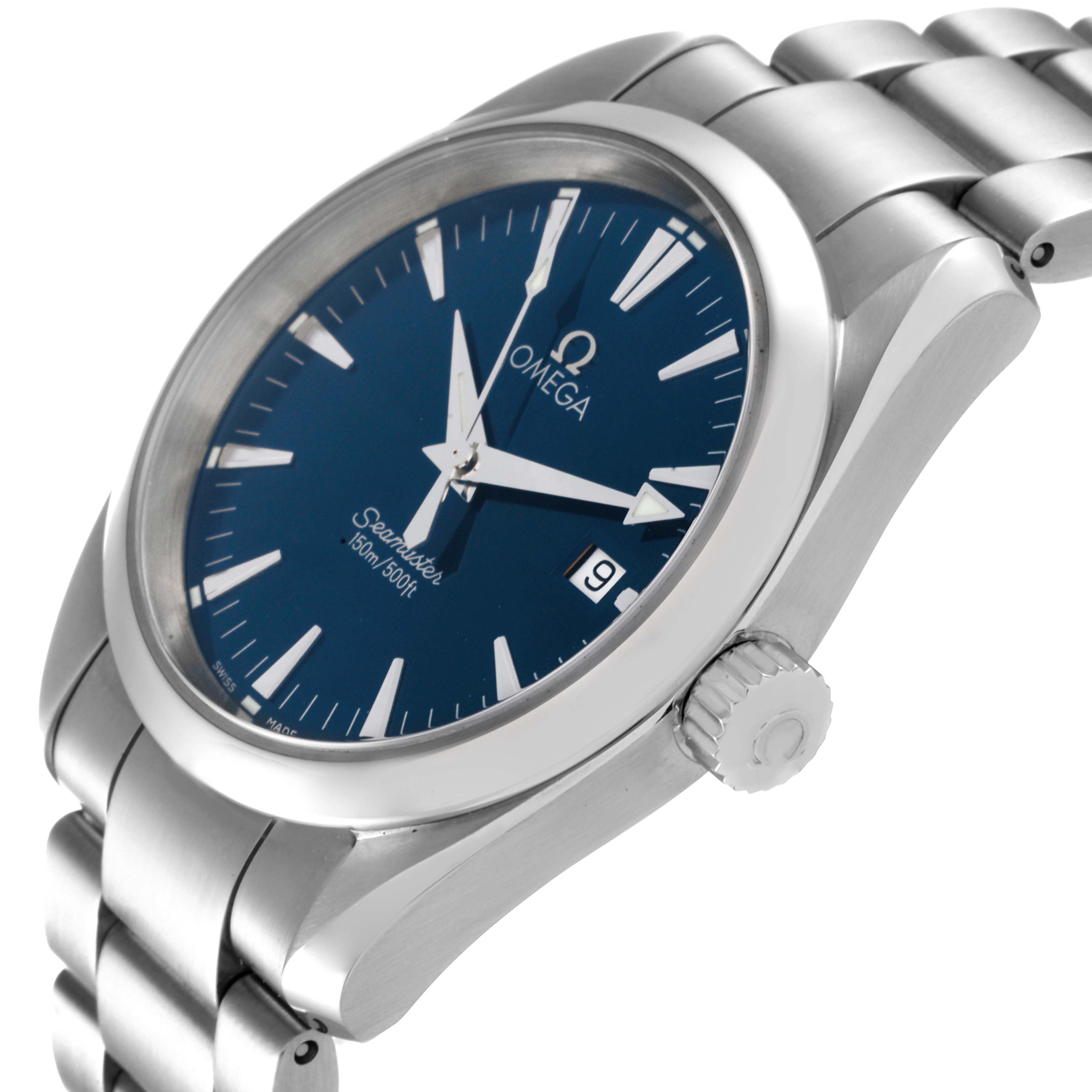 The Omega Aqua Terra 2517.80.00 Men's Stainless Steel Blue Dial 2517.80.00 Men's Stainless Steel Blue Dial watch is shown from an angled side view, highlighting its dial, case, crown, and a portion of the bracelet.