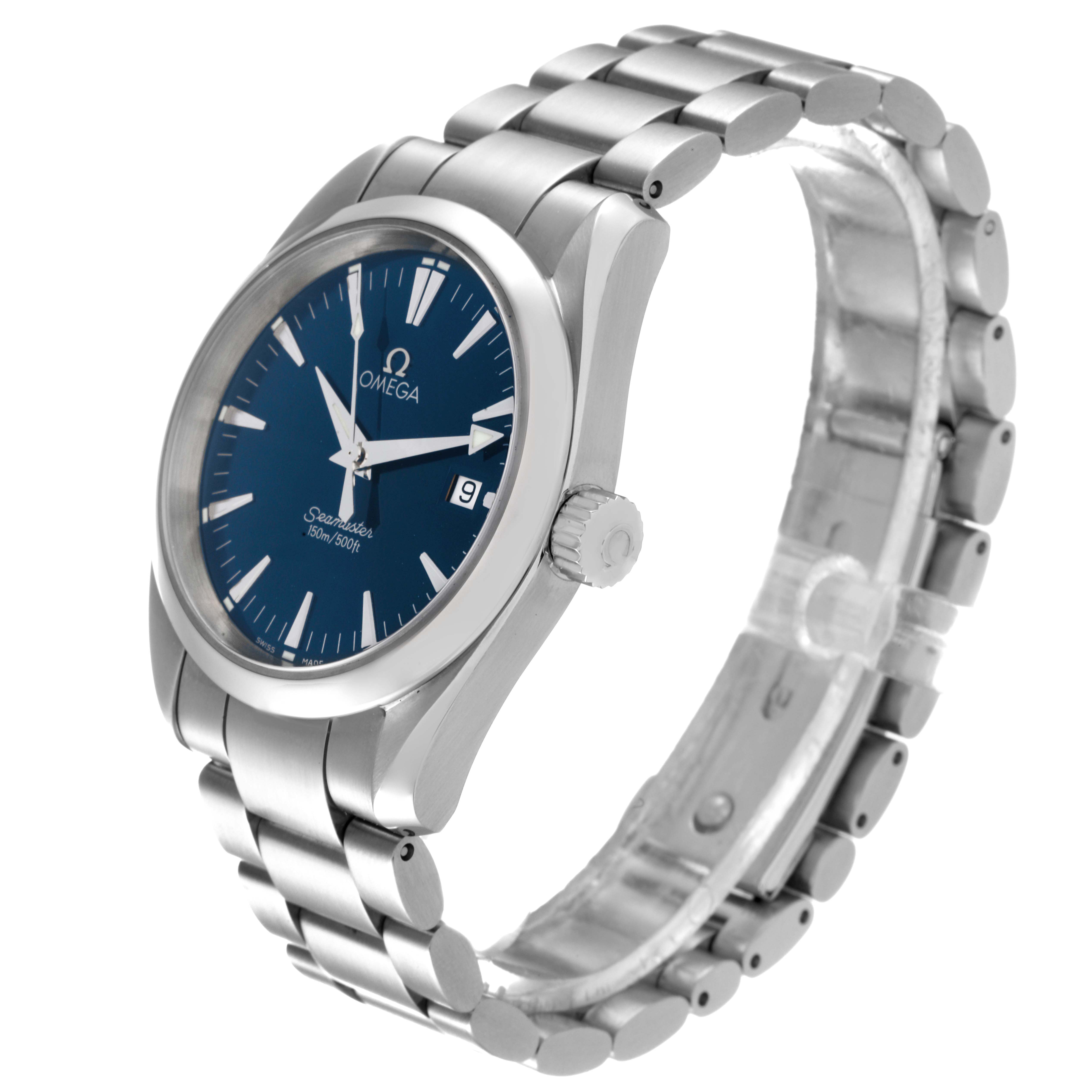 The image shows the Omega Aqua Terra 2517.80.00 Men's Stainless Steel Blue Dial 2517.80.00 Men's Stainless Steel Blue Dial watch at a three-quarter angle, highlighting the face, bezel, crown, and bracelet.
