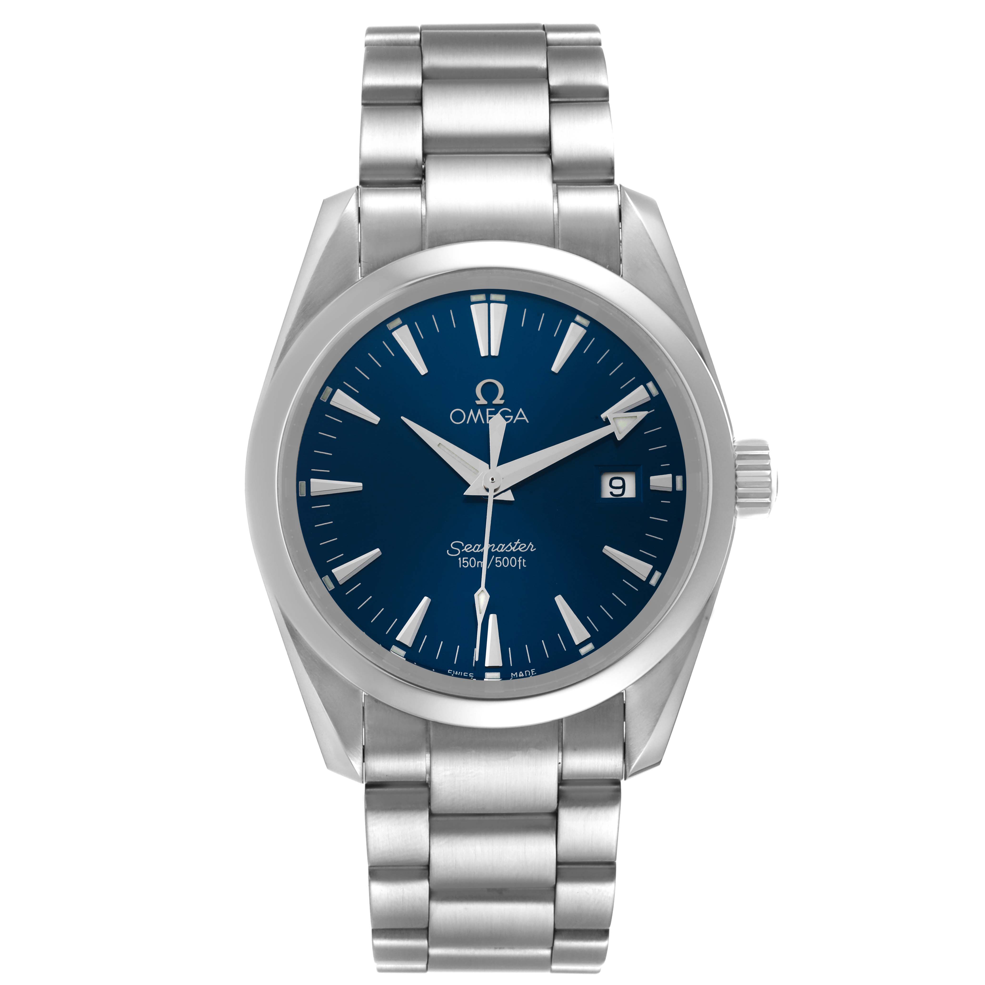 The image shows a front view of the Omega Aqua Terra 2517.80.00 Men's Stainless Steel Blue Dial 2517.80.00 Men's Stainless Steel Blue Dial watch, featuring its blue dial, date display, and stainless steel bracelet.