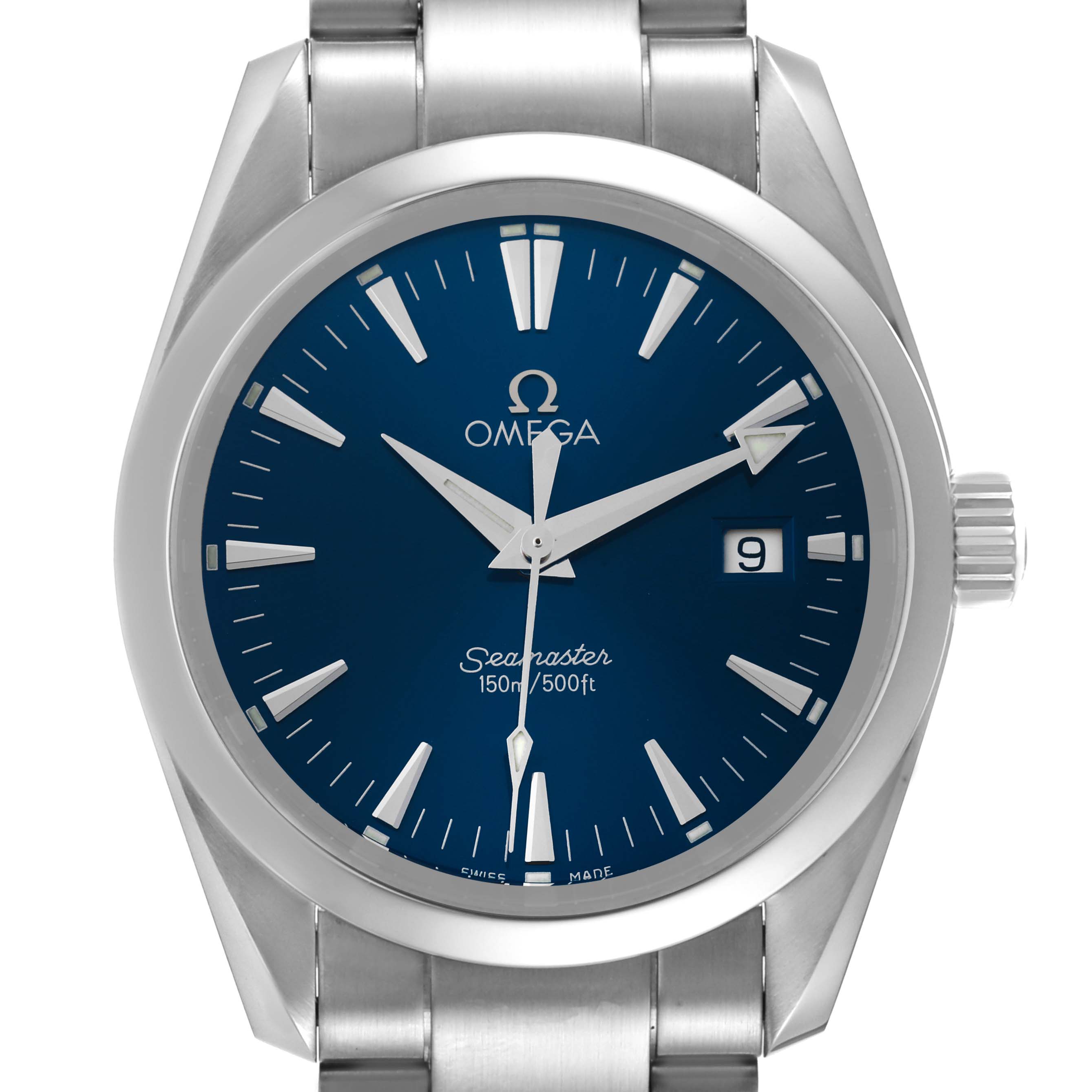 The Omega Aqua Terra 2517.80.00 Men's Stainless Steel Blue Dial 2517.80.00 Men's Stainless Steel Blue Dial watch is shown from a front view, highlighting its blue dial, hands, date window, and metal bracelet.