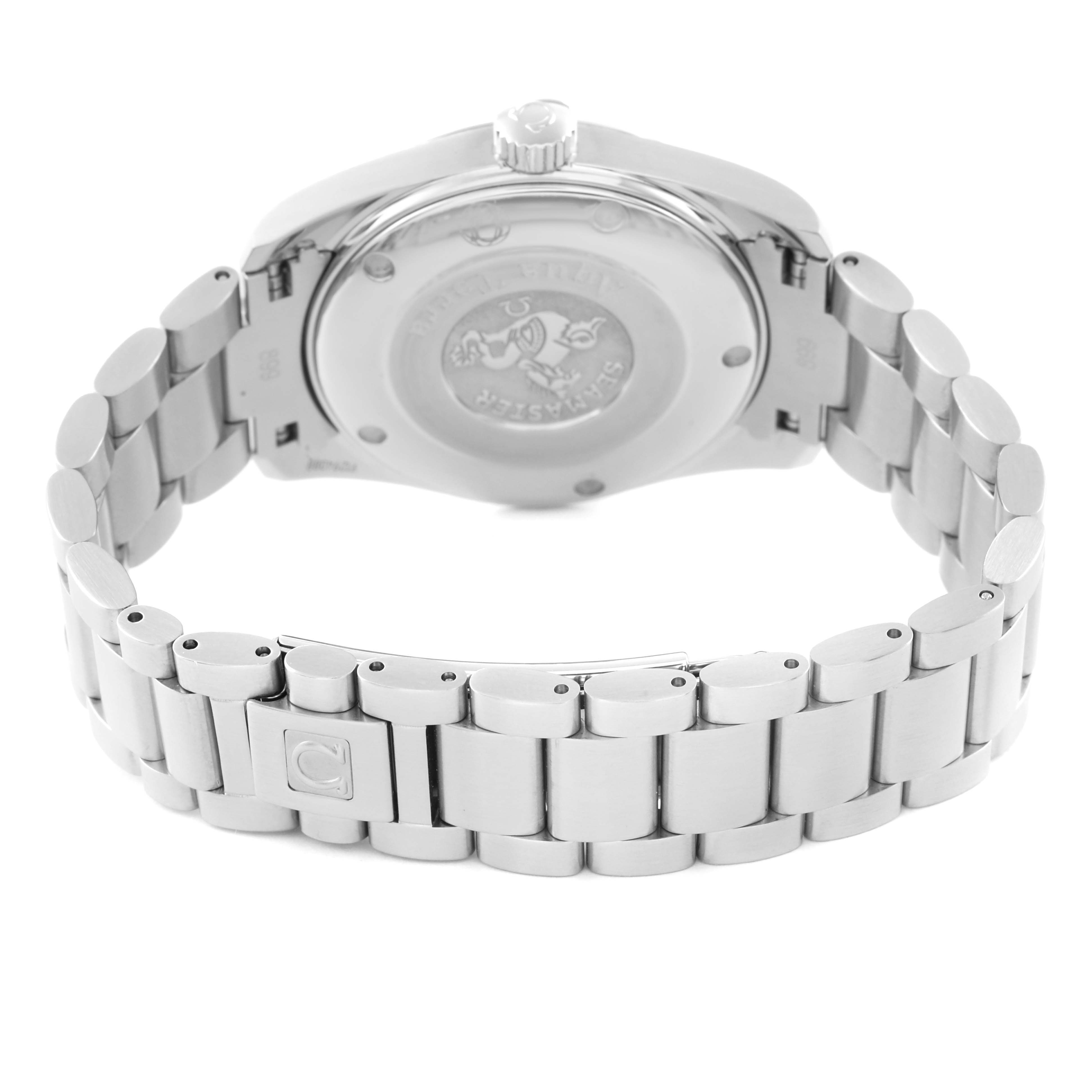 The image shows the back case and bracelet of an Omega Aqua Terra 2517.80.00 Men's Stainless Steel Blue Dial 2517.80.00 Men's Stainless Steel Blue Dial watch.