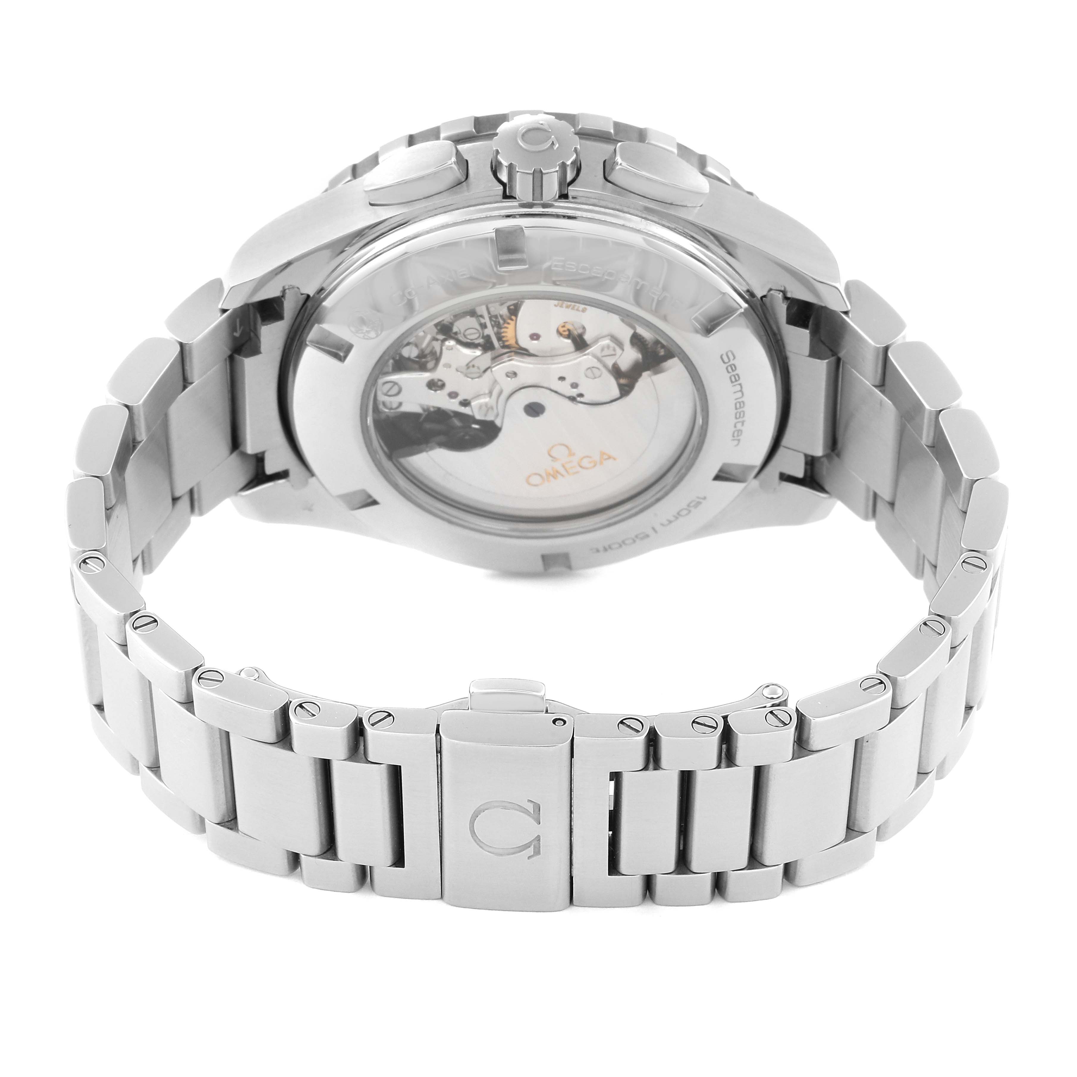 The image shows the back view of the Omega Aqua Terra 231.10.44.52.06.001 Men
s Stainless Steel Grey Dial 231.10.44.52.06.001 Men
s Stainless Steel Grey Dial watch, highlighting the transparent case back and stainless steel bracelet.