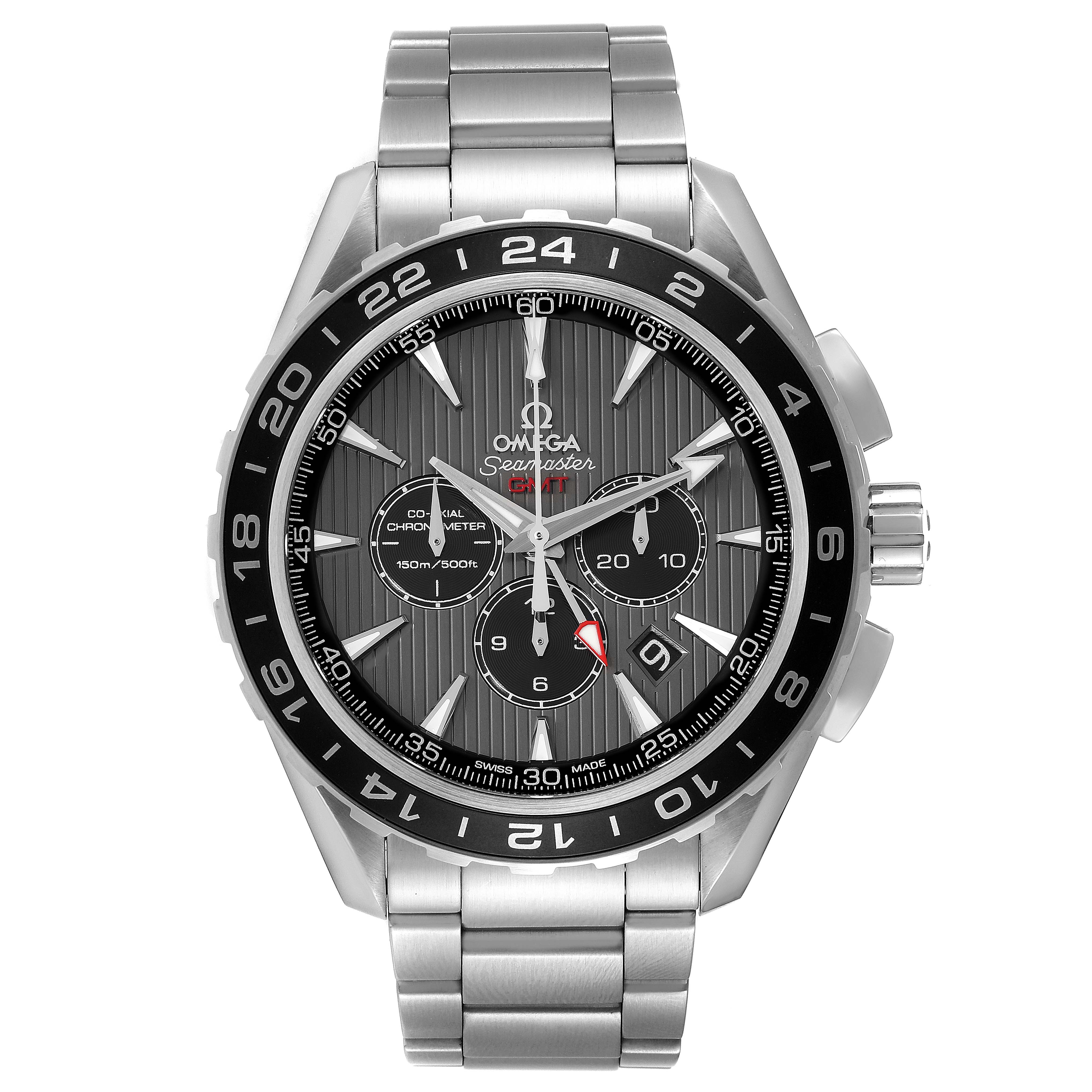 The image shows the front view of an Omega Aqua Terra 231.10.44.52.06.001 Men
s Stainless Steel Grey Dial 231.10.44.52.06.001 Men
s Stainless Steel Grey Dial watch, displaying its face, dial, hands, and stainless steel bracelet.