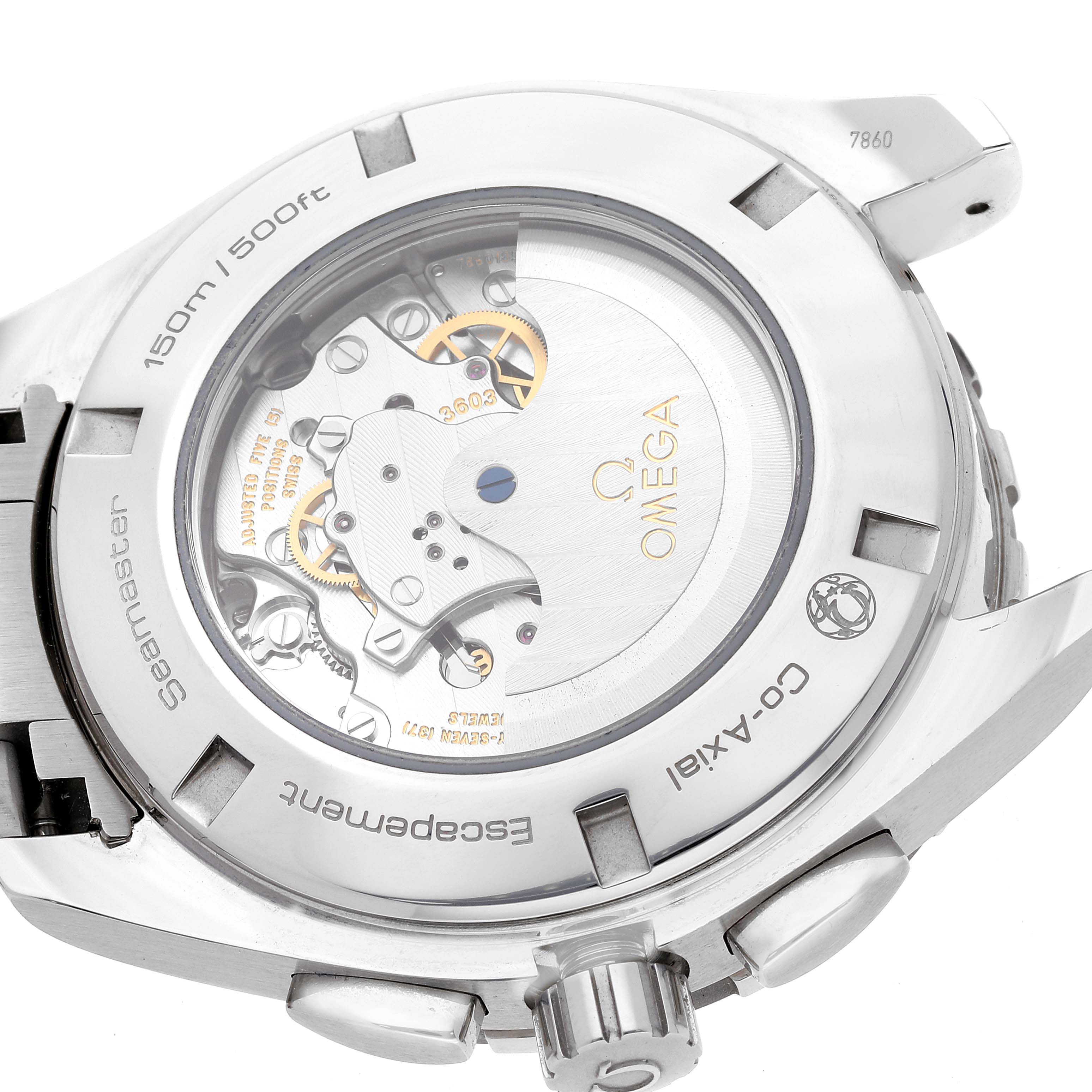 The image shows the back view of the Omega Aqua Terra 231.10.44.52.06.001 Men
s Stainless Steel Grey Dial 231.10.44.52.06.001 Men
s Stainless Steel Grey Dial watch, highlighting its visible mechanism and rotor through a transparent case back.