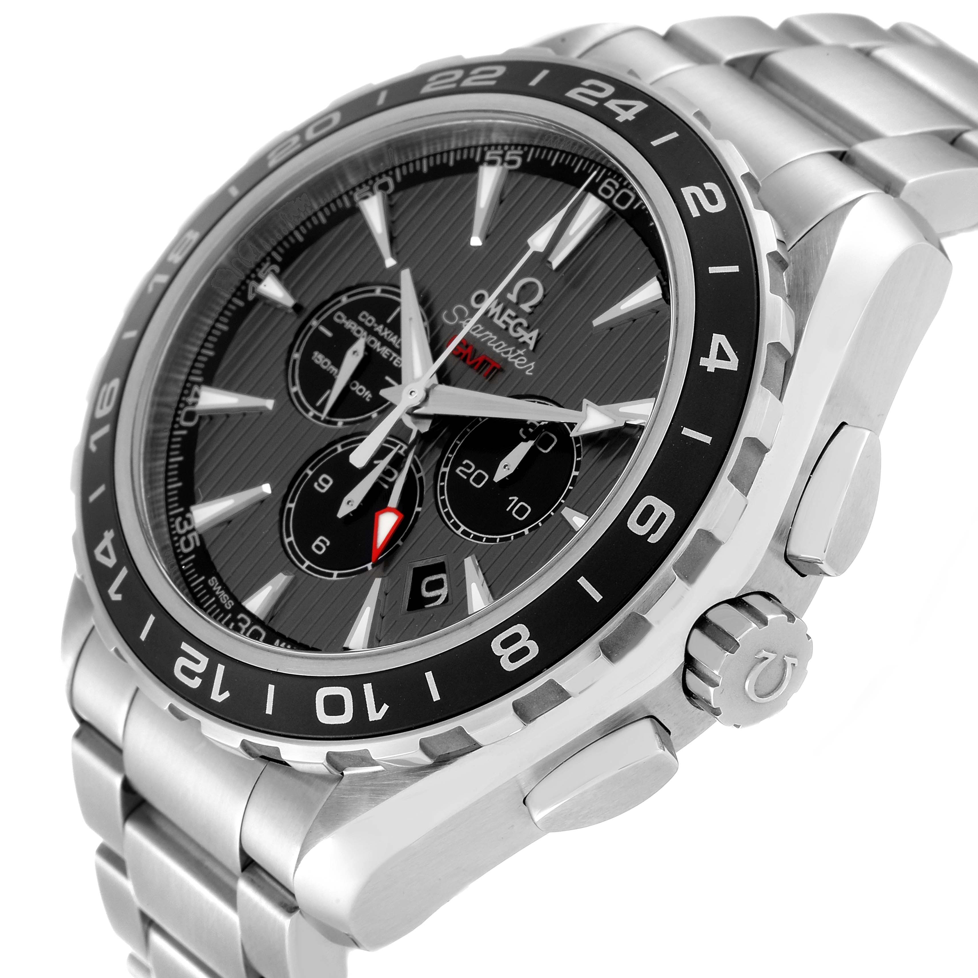 The image shows a close-up angled view of the Omega Aqua Terra 231.10.44.52.06.001 Men
s Stainless Steel Grey Dial 231.10.44.52.06.001 Men
s Stainless Steel Grey Dial watch, highlighting its face, bezel, and stainless steel bracelet.