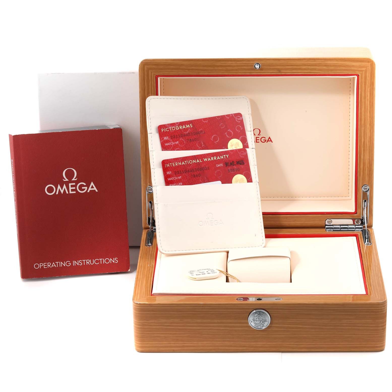 The image shows the Omega Aqua Terra 231.10.44.52.06.001 Men
s Stainless Steel Grey Dial 231.10.44.52.06.001 Men
s Stainless Steel Grey Dial watch packaging, including the box, operating instructions, and warranty cards.